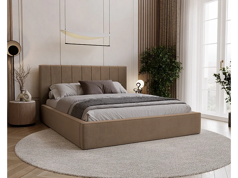 BESILIO Lit tapissé élégant 120x200 Persea – cadre en métal, coffre de rangement pour le linge de lit, passepoil décoratif – Marron