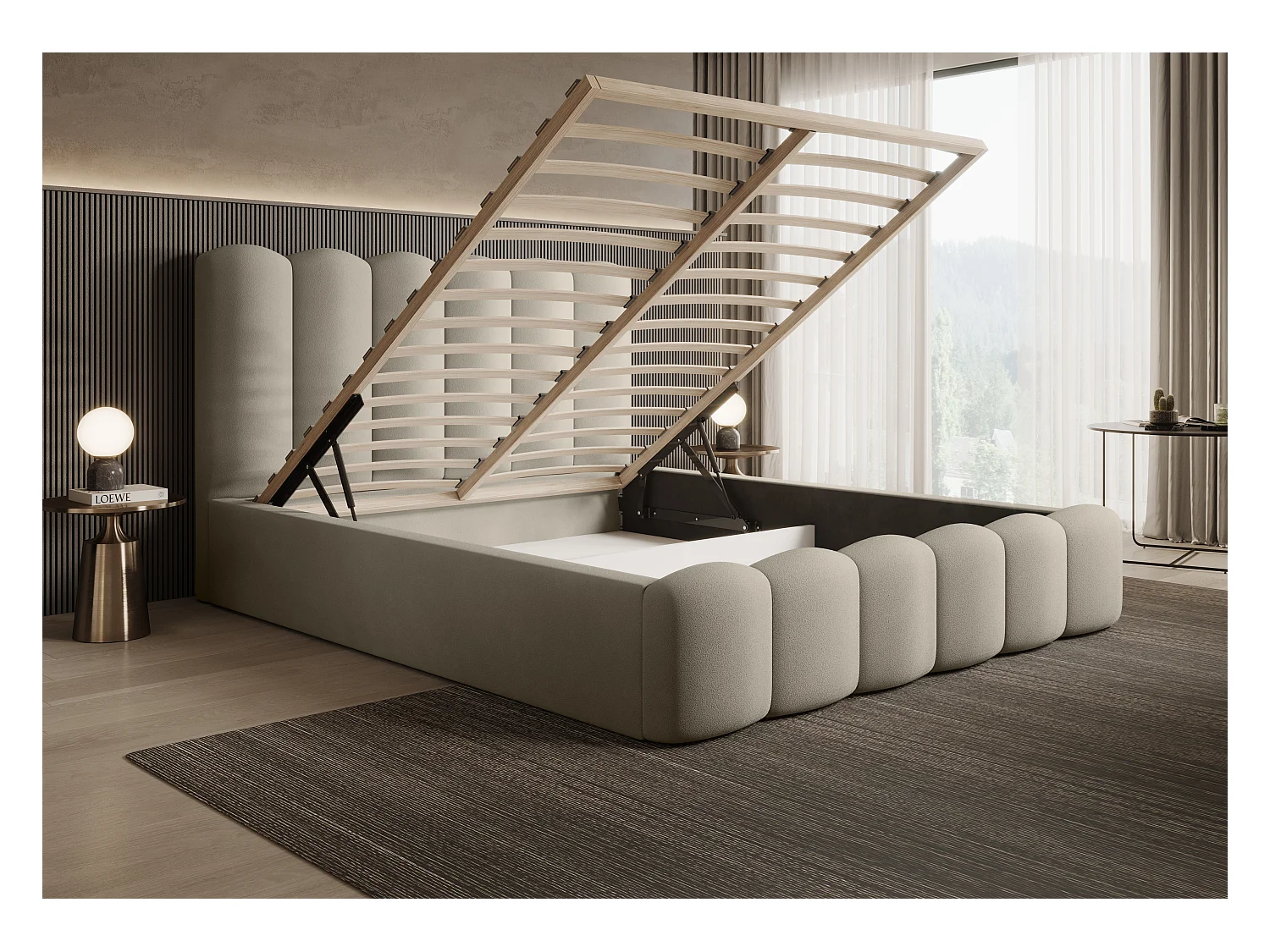 BESILIO Gestoffeerd bed met opbergruimte en lattenbodem 180x200 Tessa – fluwelen slaapkamerbed – Beige