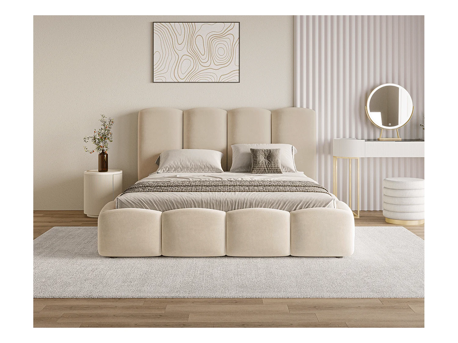 BESILIO Wolkenbed met opbergruimte en lattenbodem 180x200 Puffy – gestoffeerd fluwelen bed – Beige