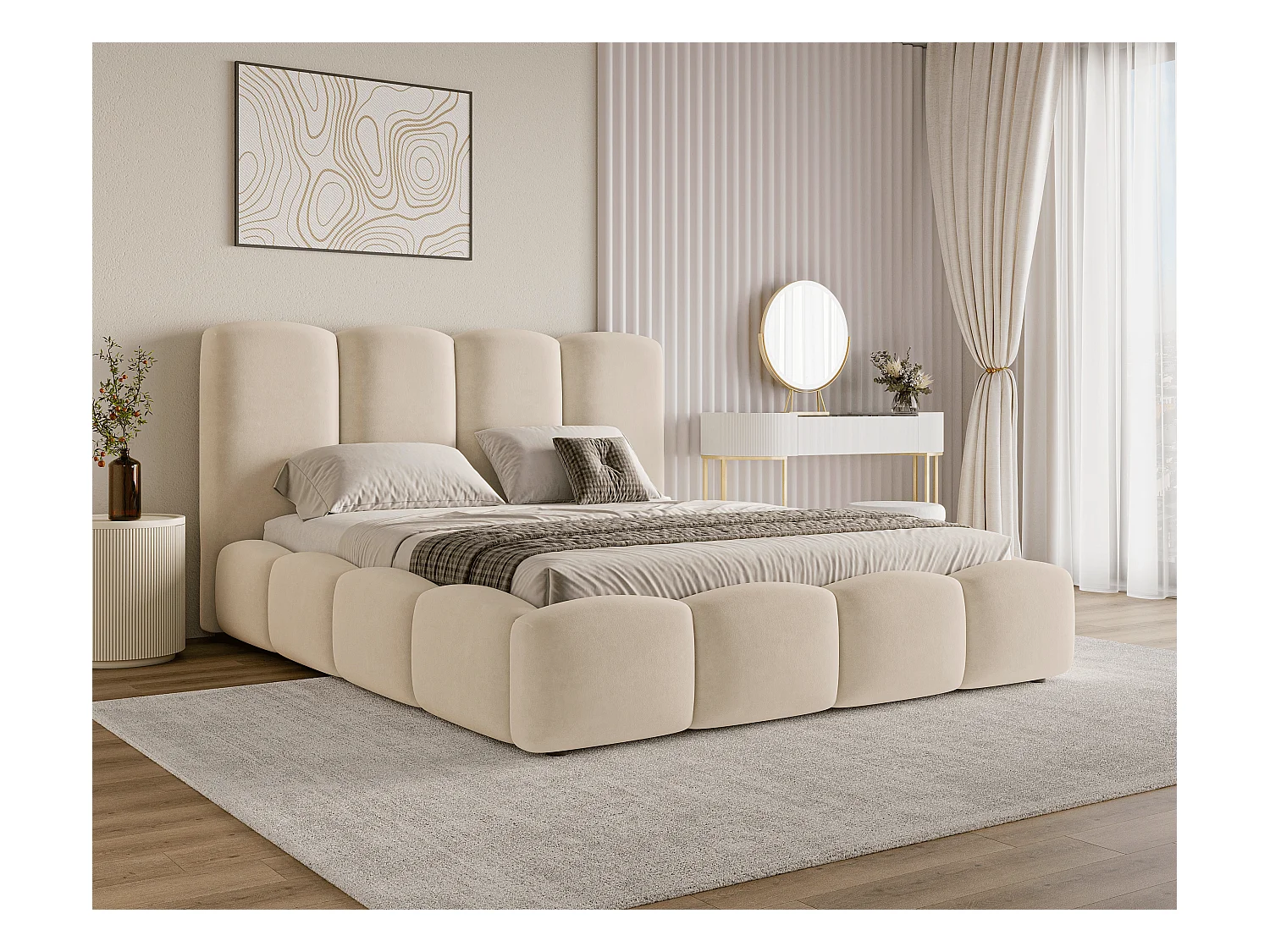 BESILIO Wolkenbed met opbergruimte en lattenbodem 200x200 Puffy – gestoffeerd fluwelen bed – Beige