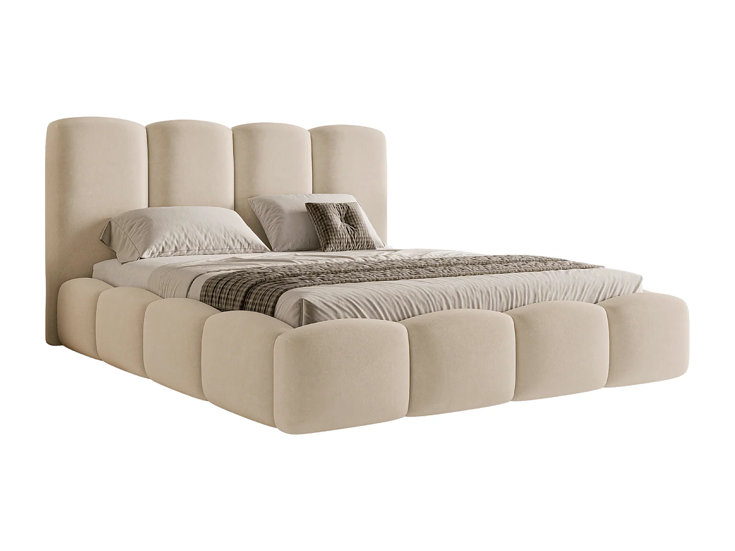 BESILIO Lit nuage avec coffre de rangement et sommier 200x200 Puffy – lit tapissé en velours – Beige