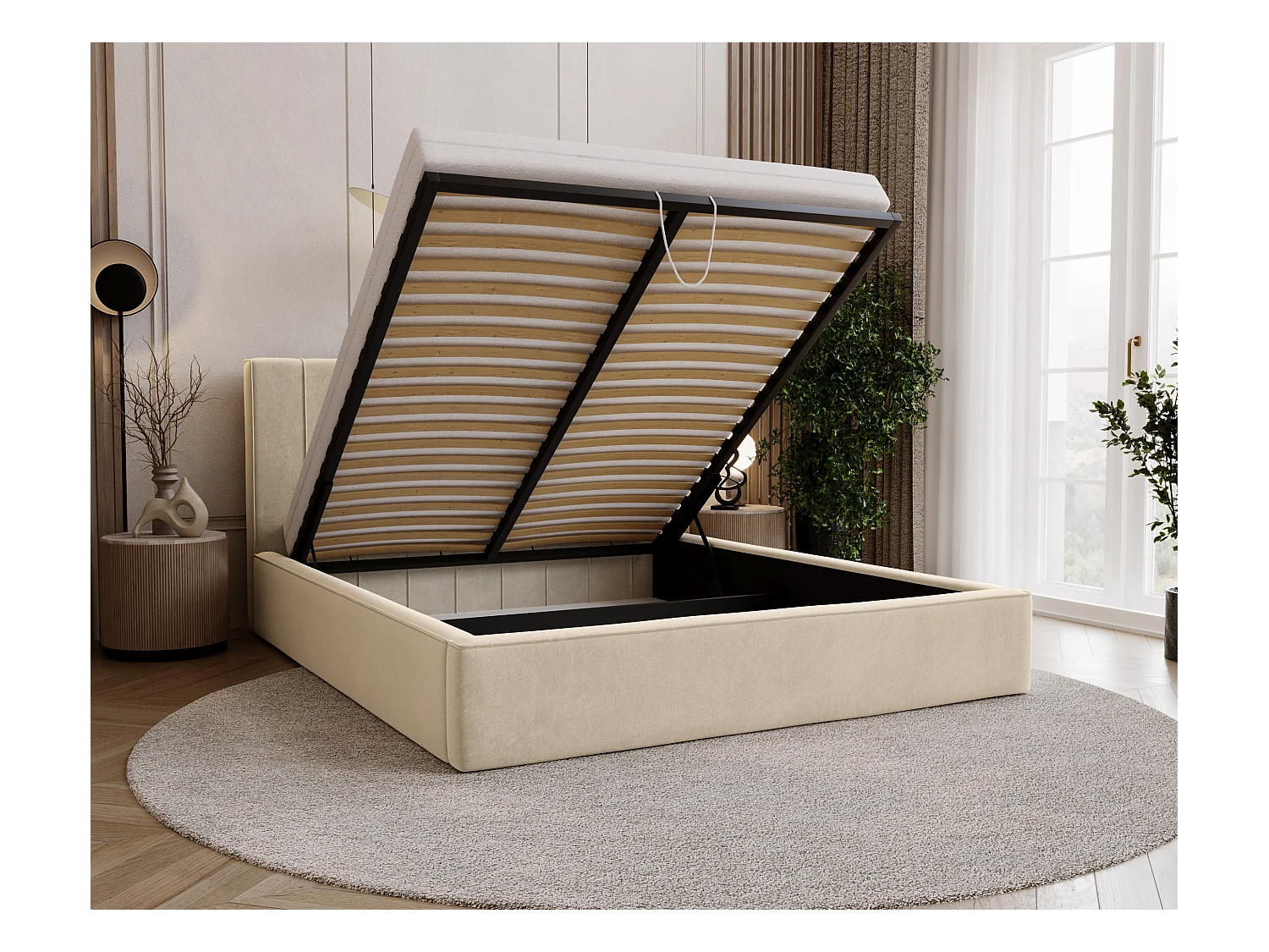 BESILIO Stylowe łóżko tapicerowane 160x200 Persea - stelaż metalowy, pojemnik na pościel, ozdobna lamówka - Kremowy