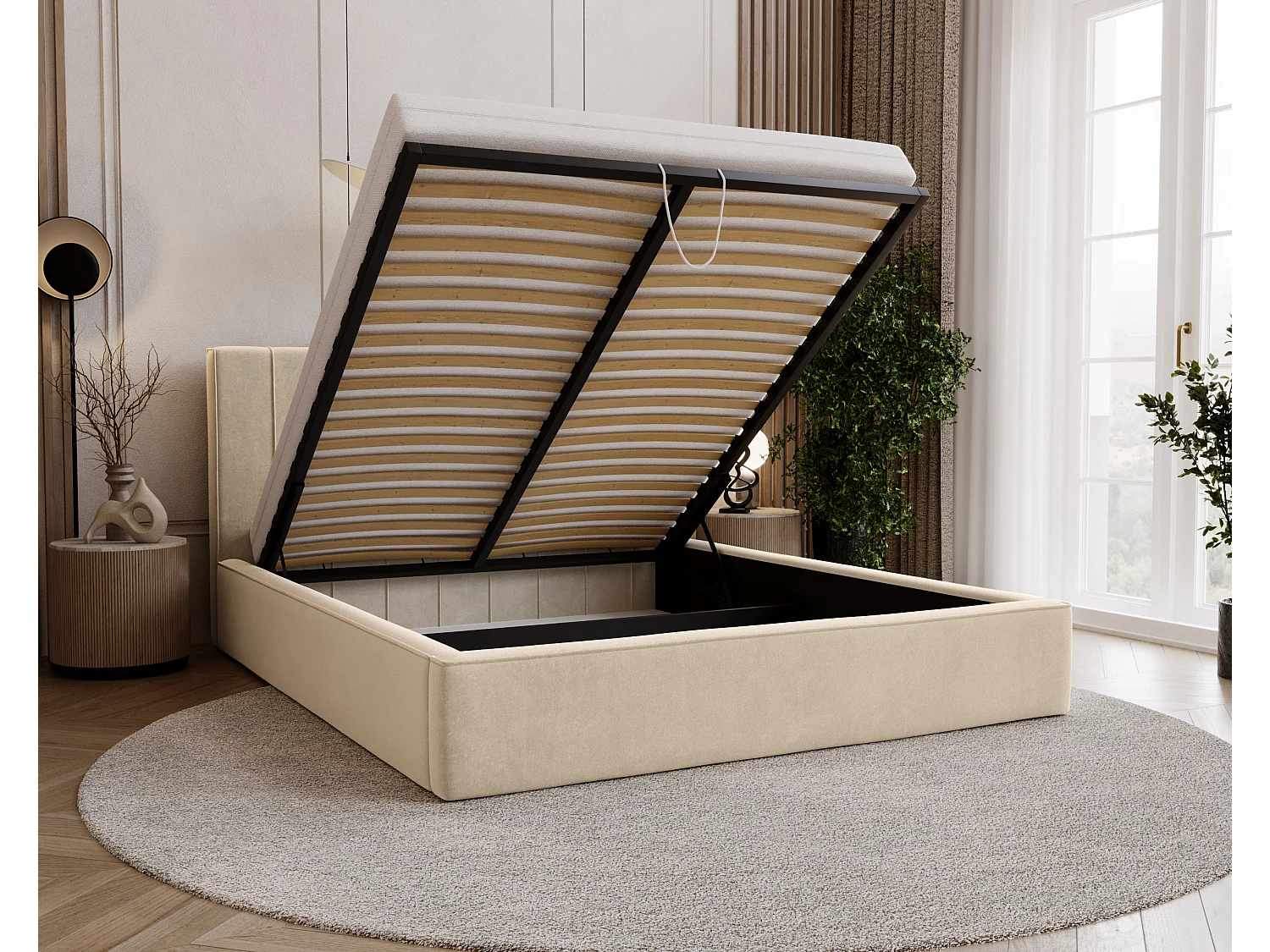 BESILIO Lit tapissé élégant 160x200 Persea – cadre en métal, coffre de rangement pour le linge de lit, passepoil décoratif – Crème