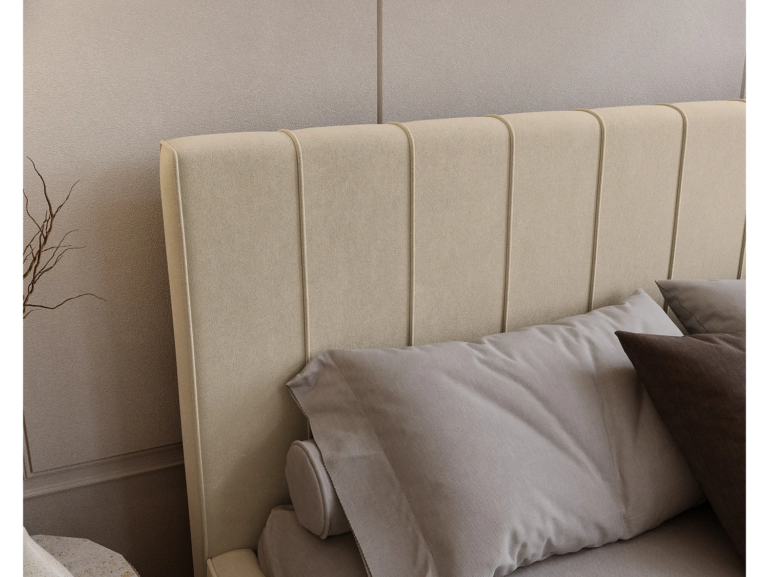 BESILIO Lit tapissé élégant 160x200 Persea – cadre en métal, coffre de rangement pour le linge de lit, passepoil décoratif – Crème