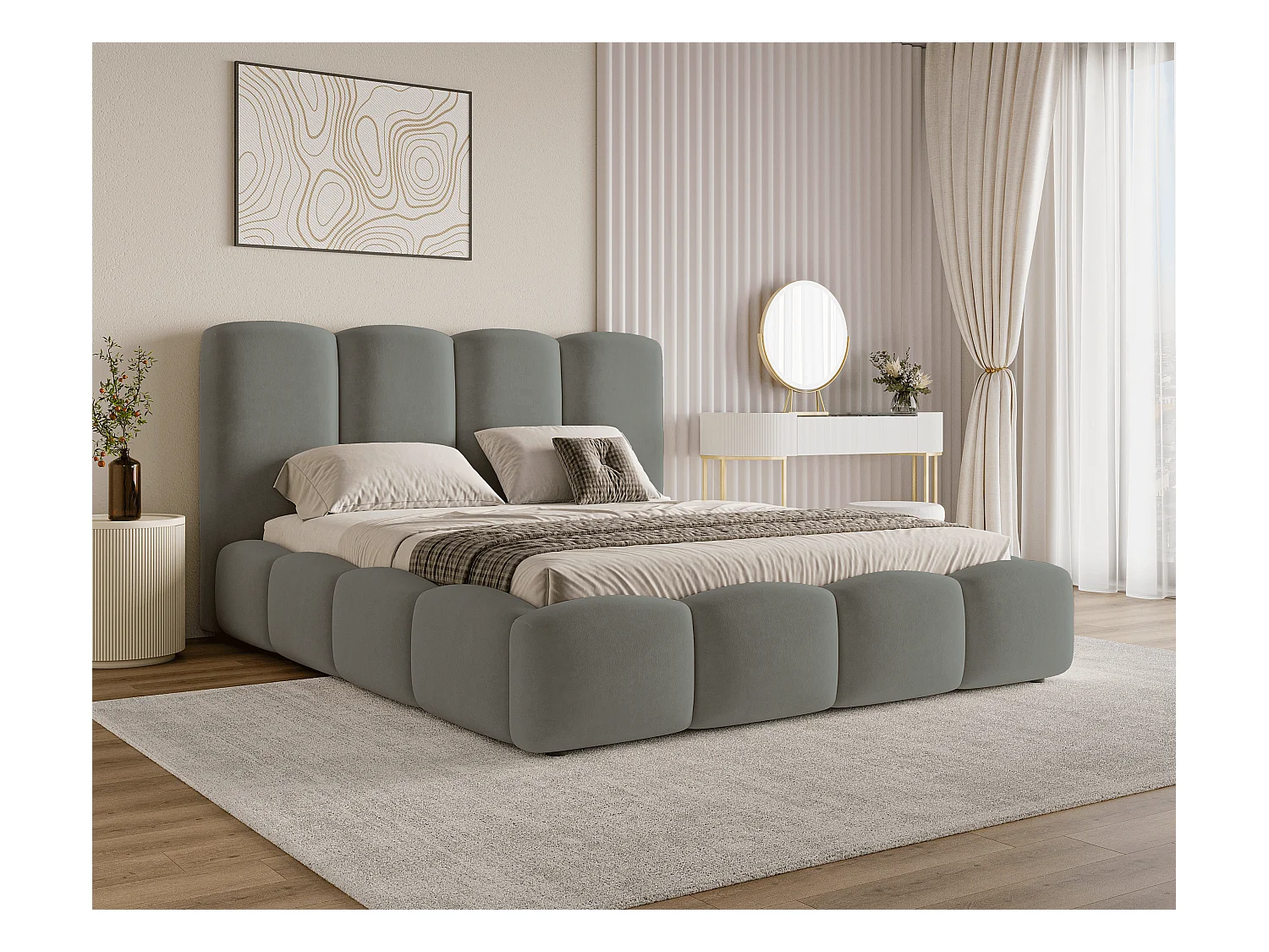 BESILIO Wolkenbed met opbergruimte en lattenbodem 200x200 Puffy – gestoffeerd fluwelen bed – Grijs