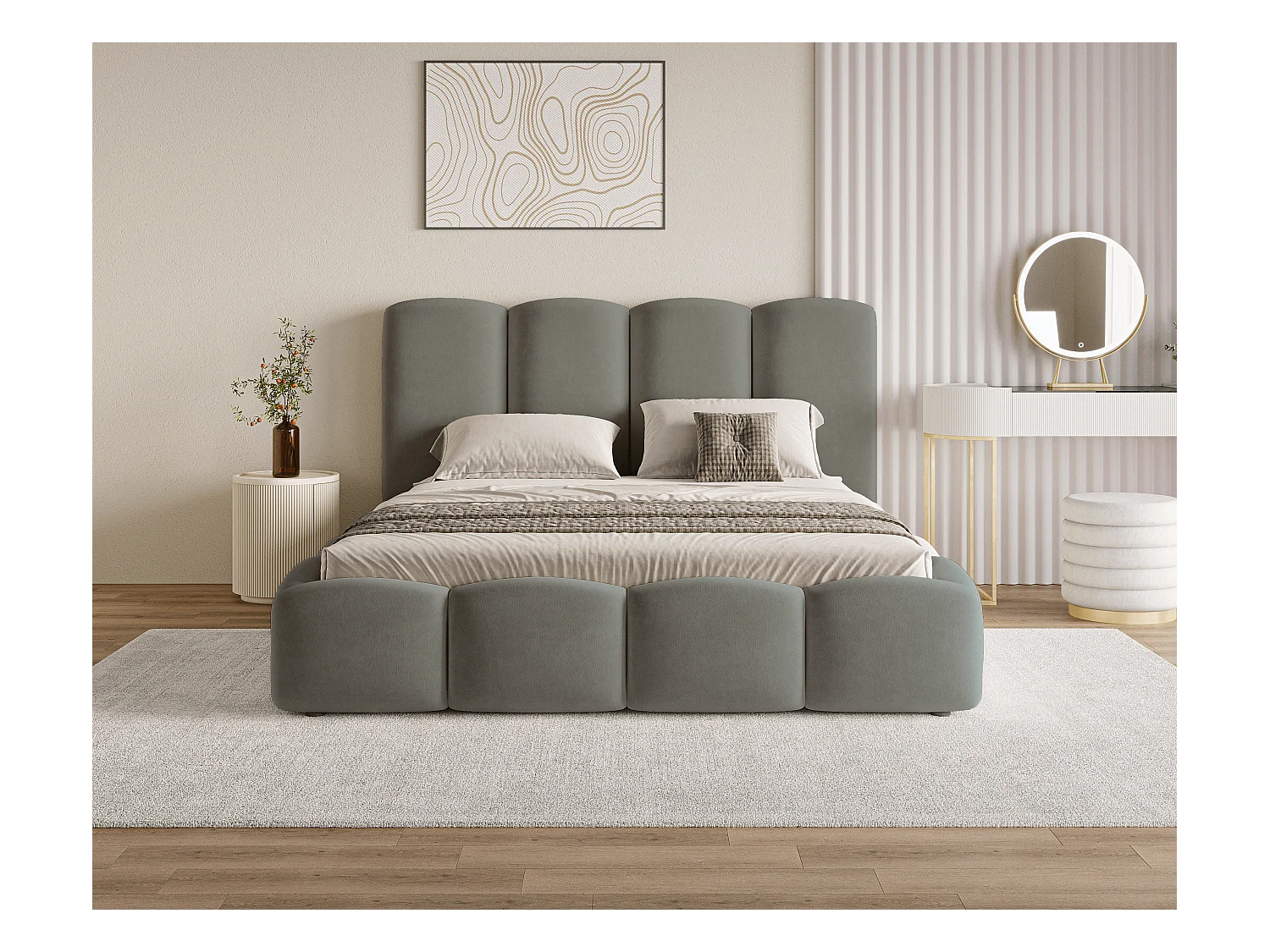 BESILIO Wolkenbed met opbergruimte en lattenbodem 200x200 Puffy – gestoffeerd fluwelen bed – Grijs