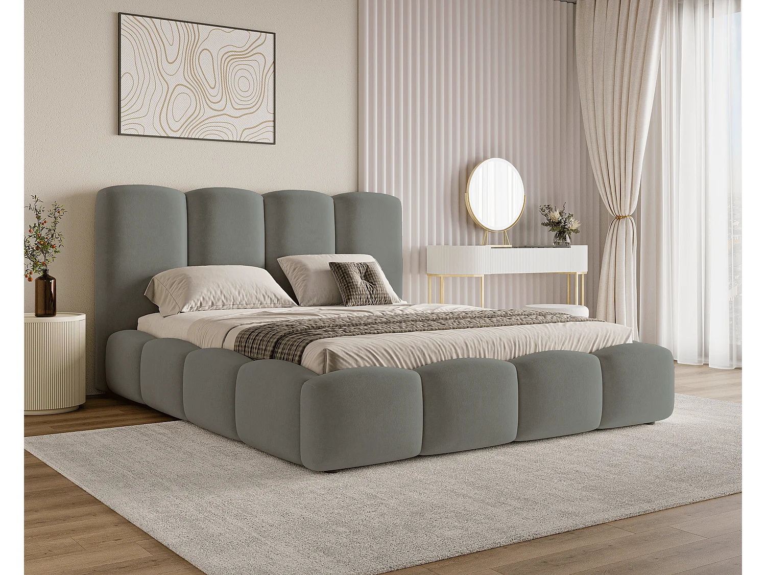 BESILIO Lit nuage avec coffre de rangement et sommier 200x200 Puffy – lit tapissé en velours – Gris