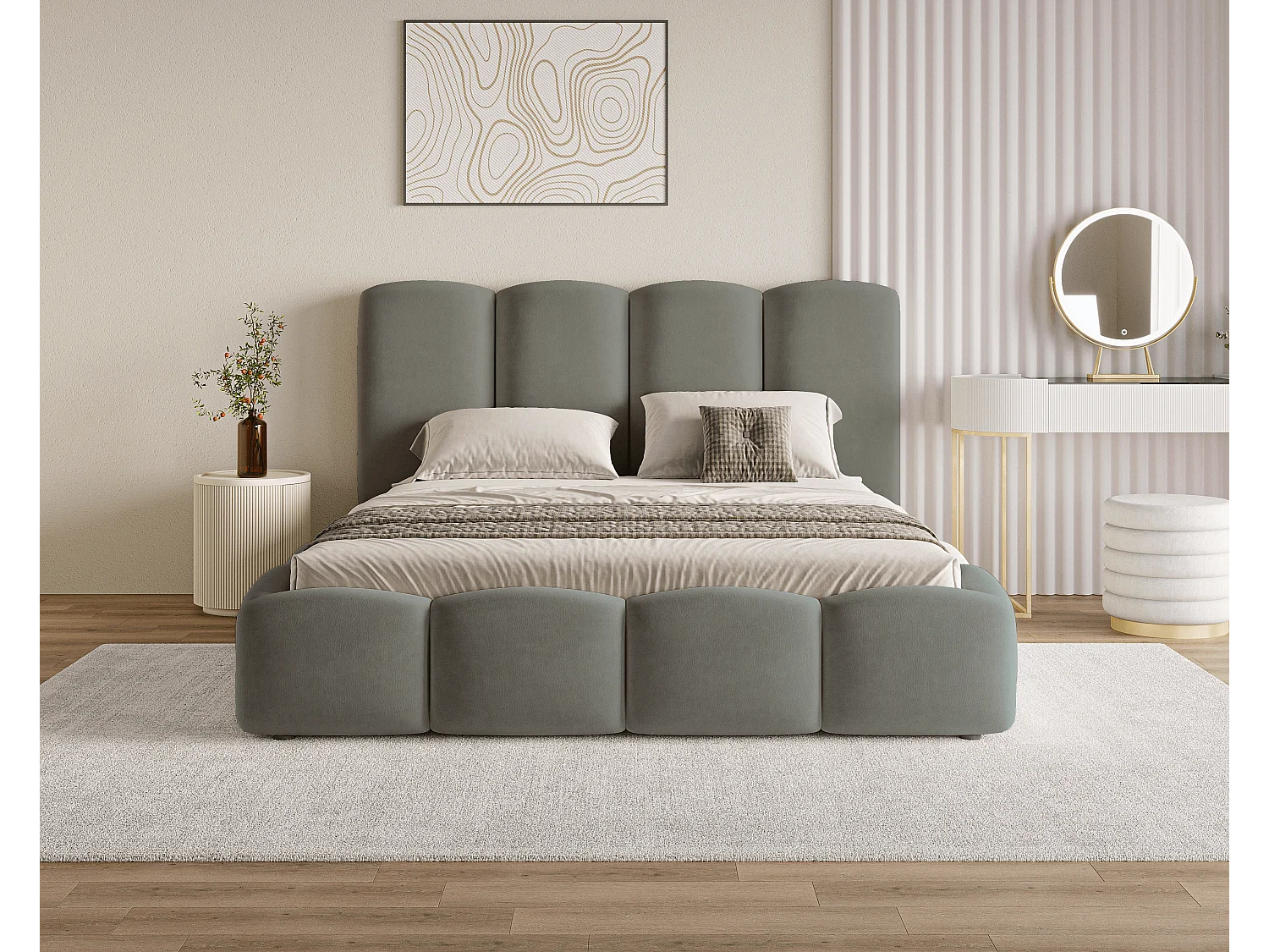 BESILIO Lit nuage avec coffre de rangement et sommier 200x200 Puffy – lit tapissé en velours – Gris