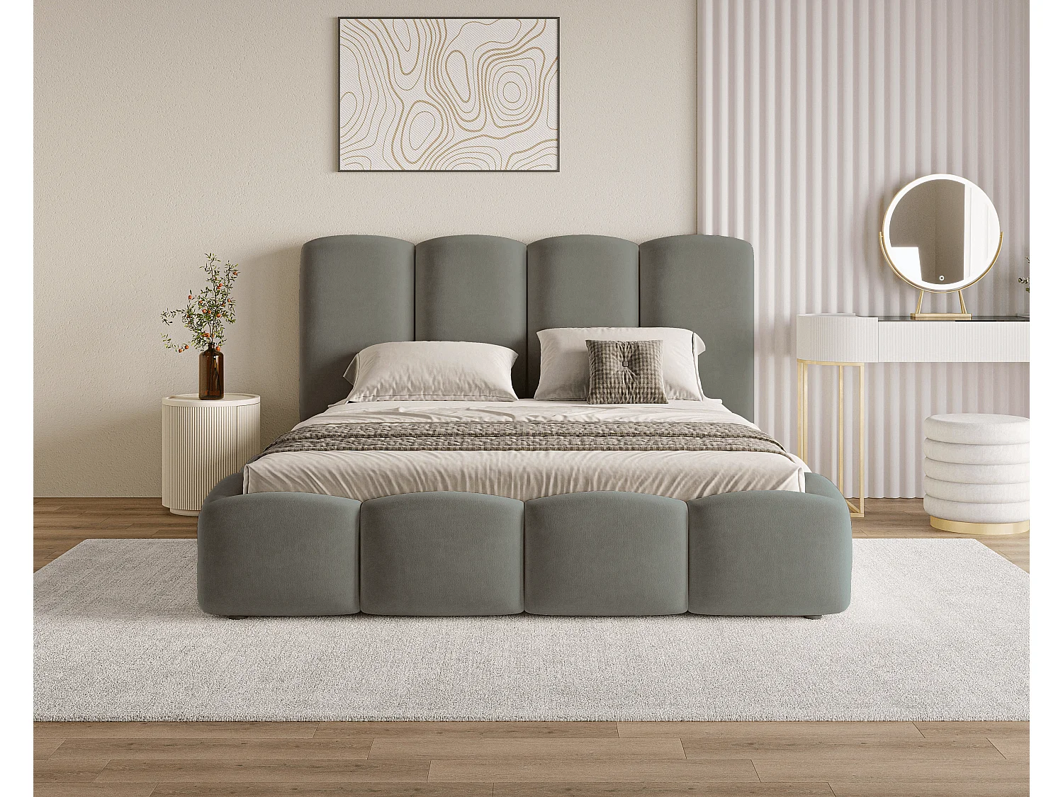 BESILIO Lit nuage avec coffre de rangement et sommier 160x200 Puffy – lit tapissé en velours – Gris