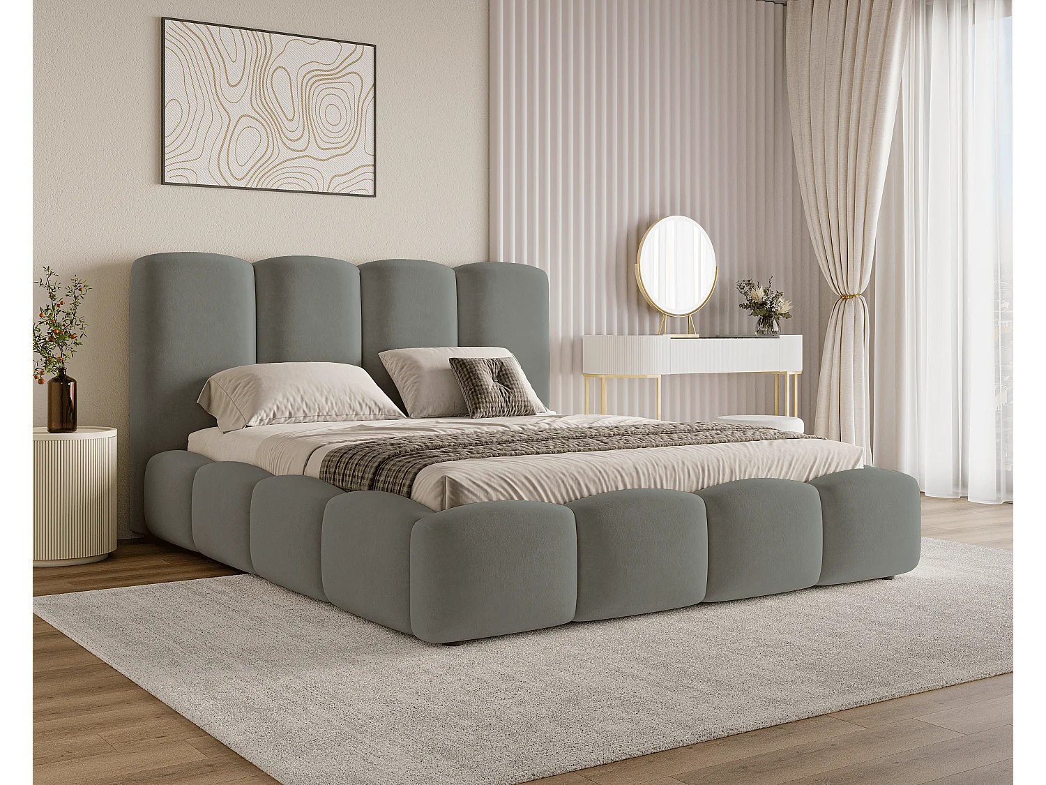 BESILIO Lit nuage avec coffre de rangement et sommier 160x200 Puffy – lit tapissé en velours – Gris
