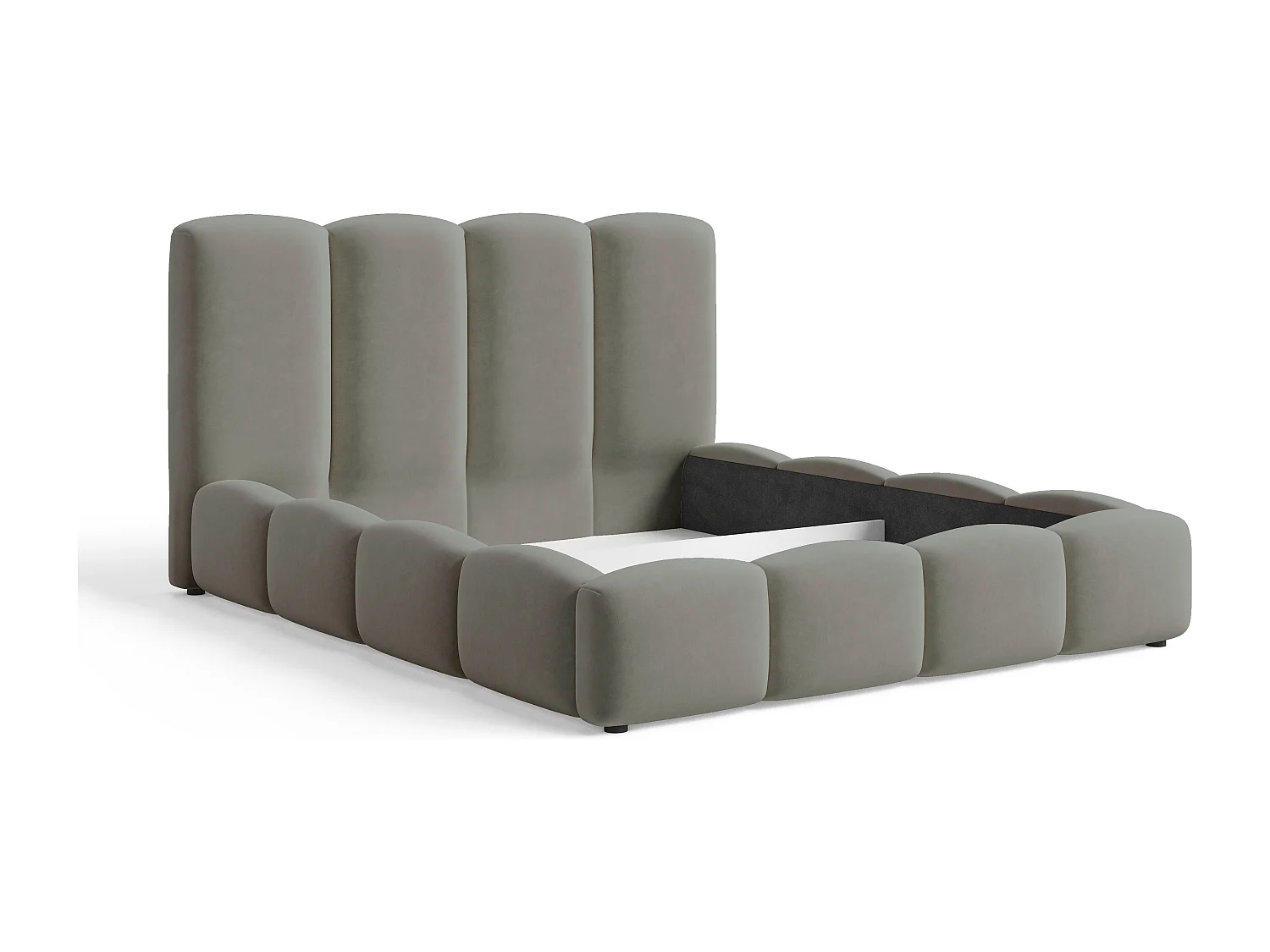 BESILIO Lit nuage avec coffre de rangement et sommier 160x200 Puffy – lit tapissé en velours – Gris