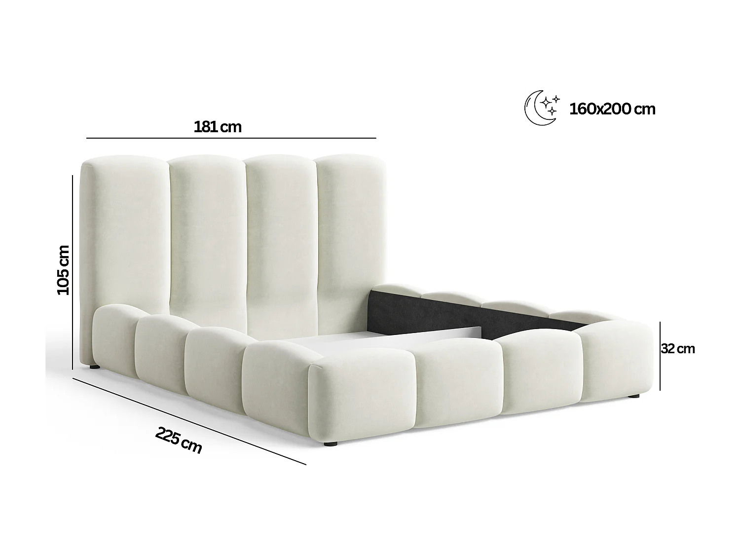BESILIO Lit nuage avec coffre de rangement et sommier 160x200 Puffy – lit tapissé en velours – Gris