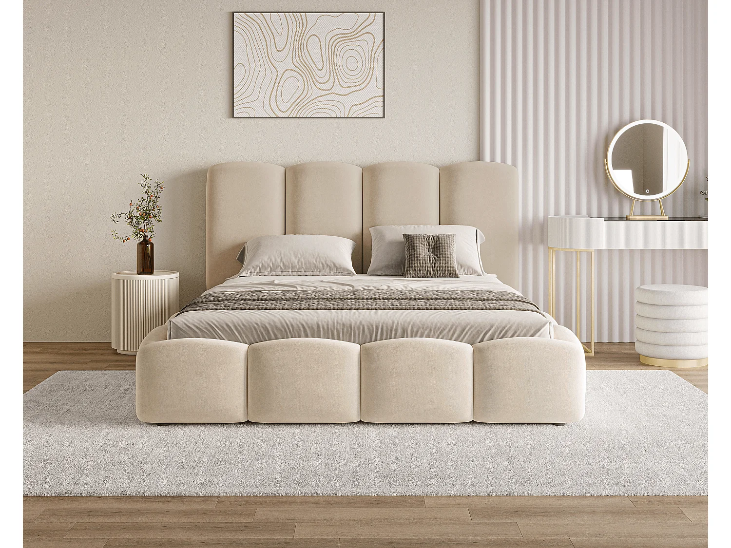 BESILIO Lit nuage avec coffre de rangement et sommier 160x200 Puffy – lit tapissé en velours – Beige