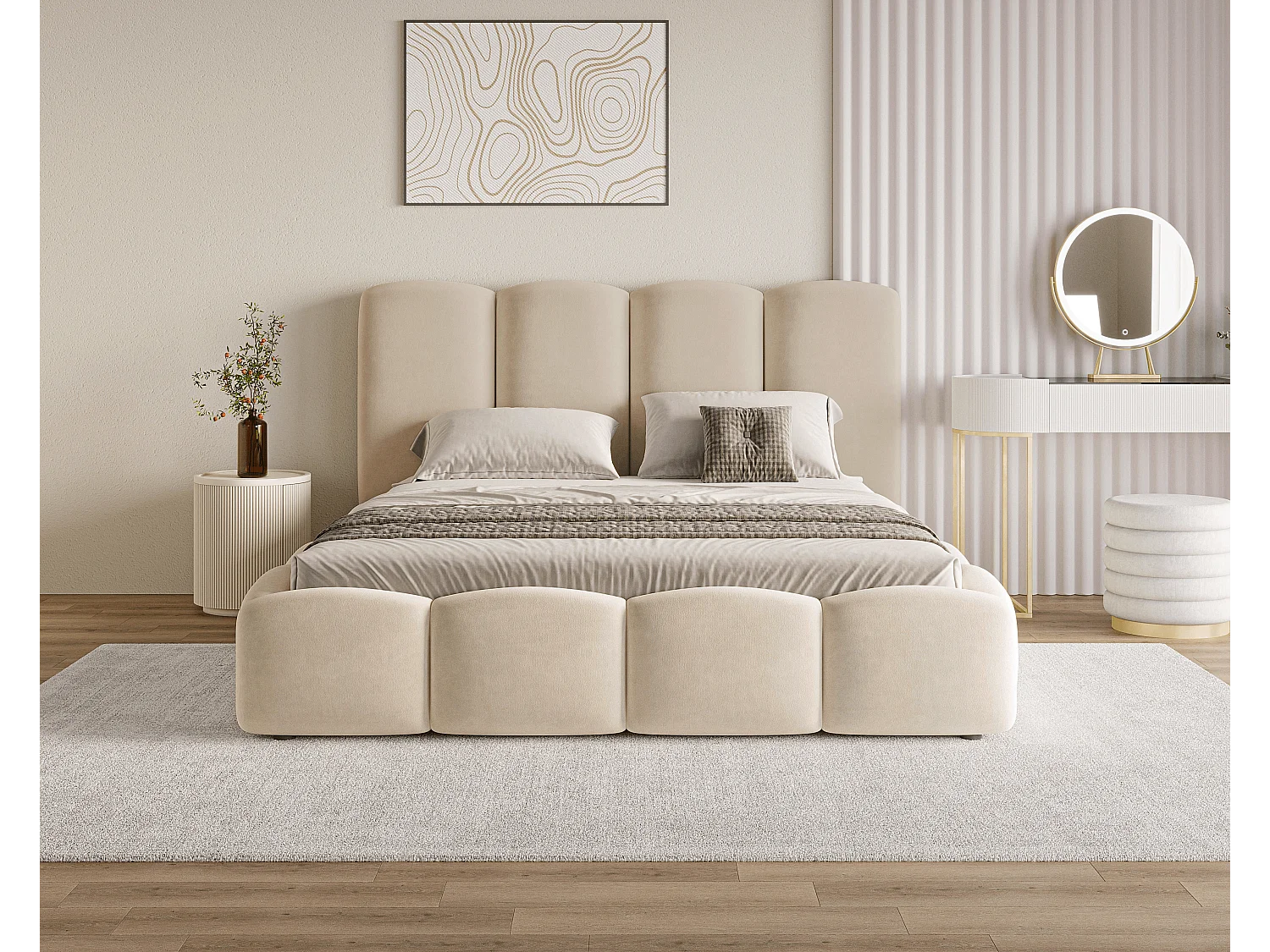 BESILIO Wolkenbed met opbergruimte en lattenbodem 160x200 Puffy – gestoffeerd fluwelen bed – Beige