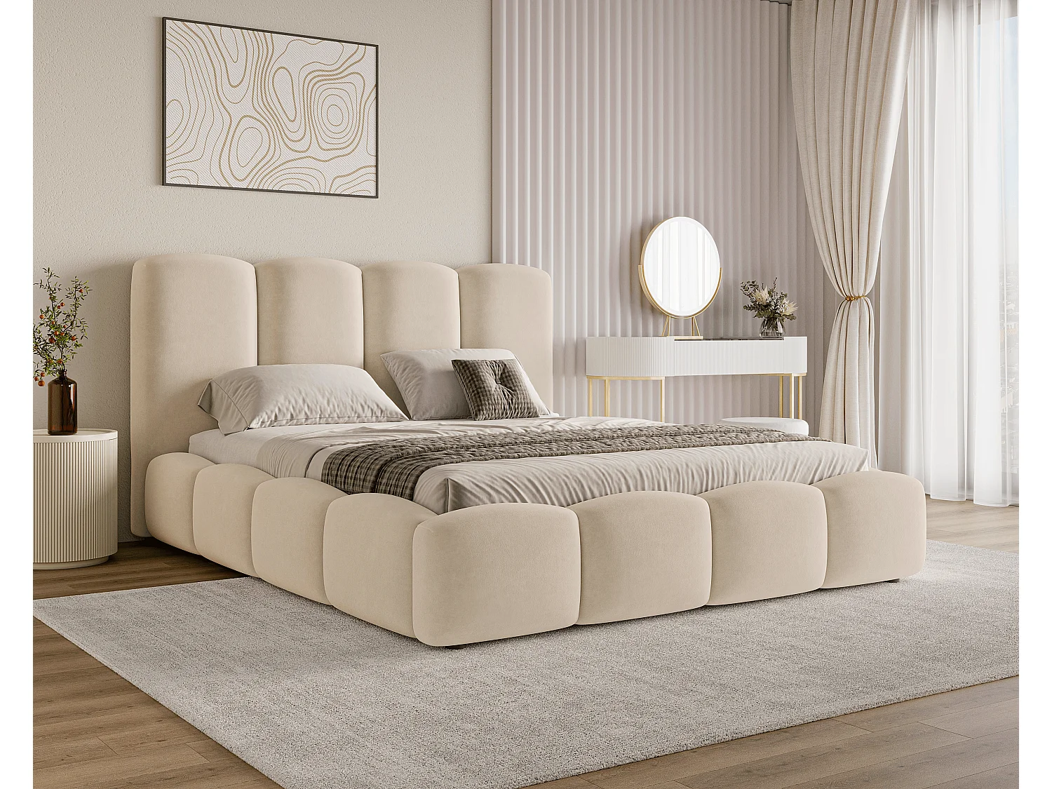 BESILIO Lit nuage avec coffre de rangement et sommier 140x200 Puffy – lit tapissé en velours – Beige