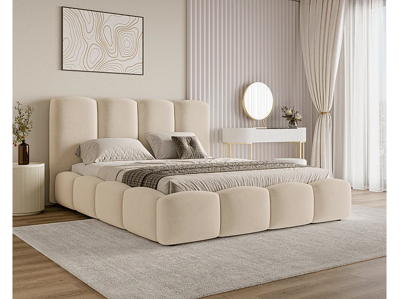BESILIO Wolkenbett mit Stauraum und Lattenrost 140x200 Puffy – gepolstertes Samtbett – Beige