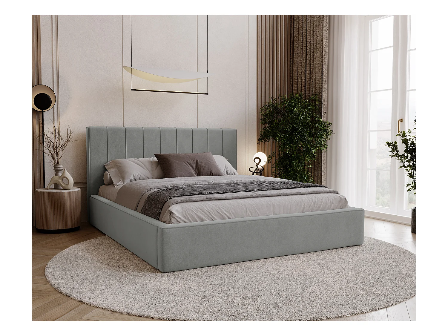 BESILIO Stylowe łóżko tapicerowane 140x200 Persea - stelaż metalowy, pojemnik na pościel, ozdobna lamówka - Szary