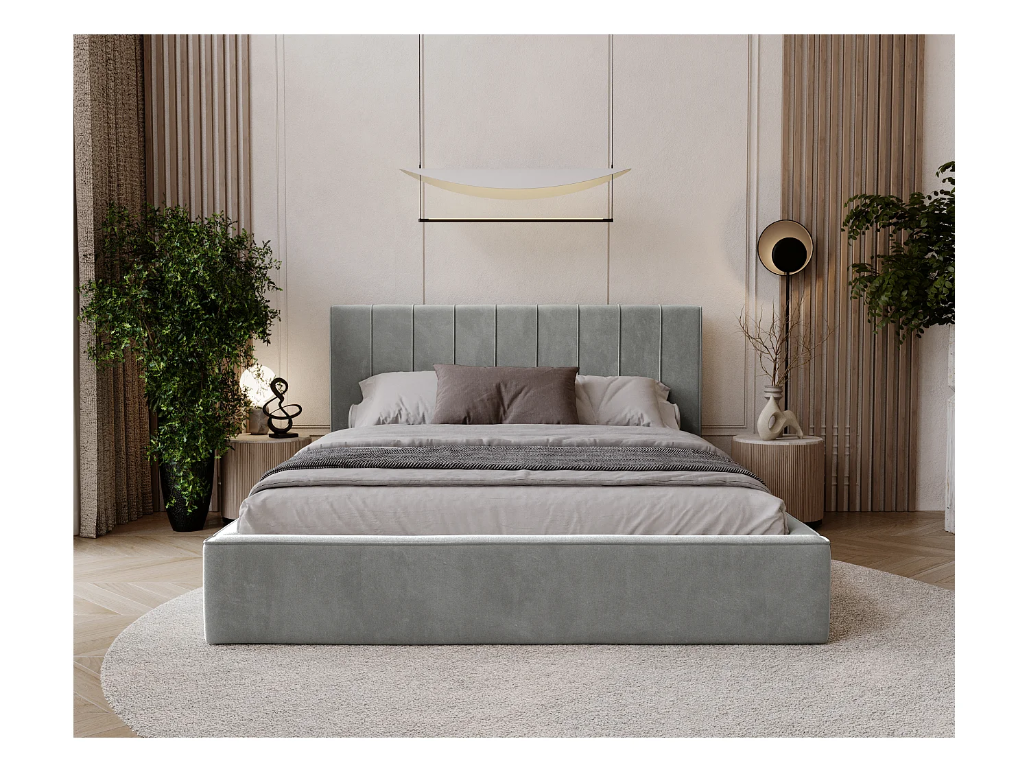 BESILIO Stylowe łóżko tapicerowane 140x200 Persea - stelaż metalowy, pojemnik na pościel, ozdobna lamówka - Szary