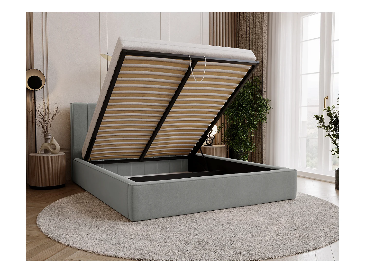 BESILIO Stylowe łóżko tapicerowane 140x200 Persea - stelaż metalowy, pojemnik na pościel, ozdobna lamówka - Szary