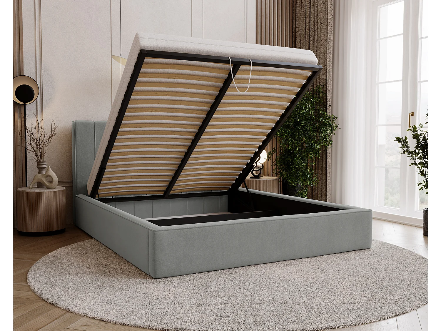 BESILIO Lit tapissé élégant 140x200 Persea – cadre en métal, coffre de rangement pour le linge de lit, passepoil décoratif – Gris