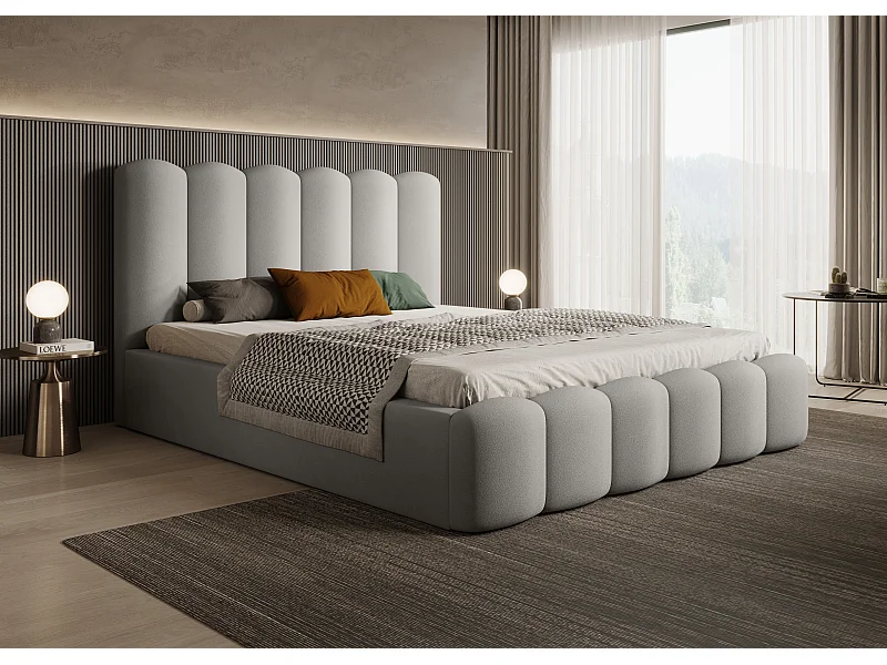 BESILIO Lit tapissé avec coffre de rangement et sommier 200x200 Tessa – lit en velours pour la chambre – Gris clair