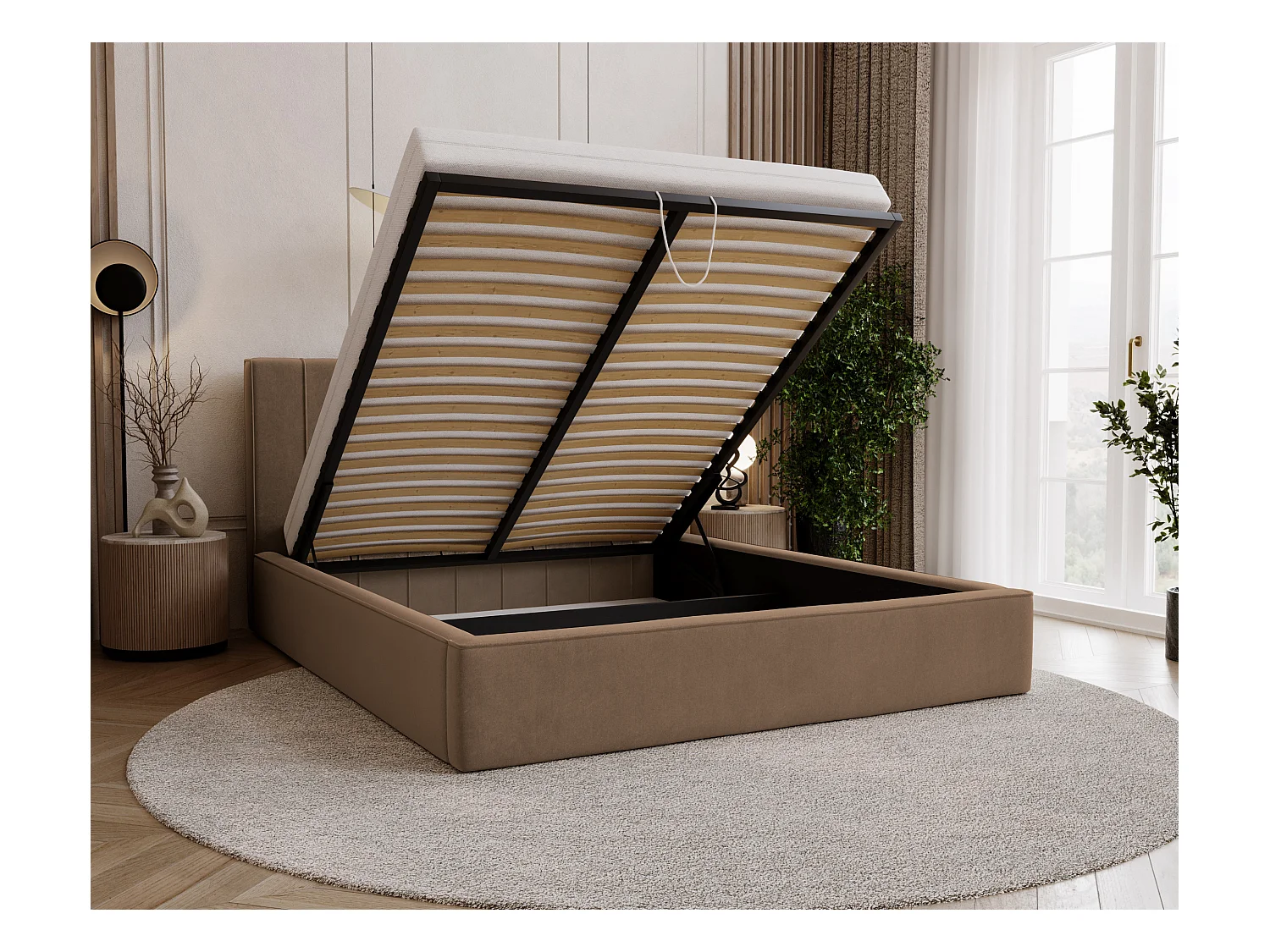 BESILIO Stylowe łóżko tapicerowane 140x200 Persea - stelaż metalowy, pojemnik na pościel, ozdobna lamówka - Brązowy