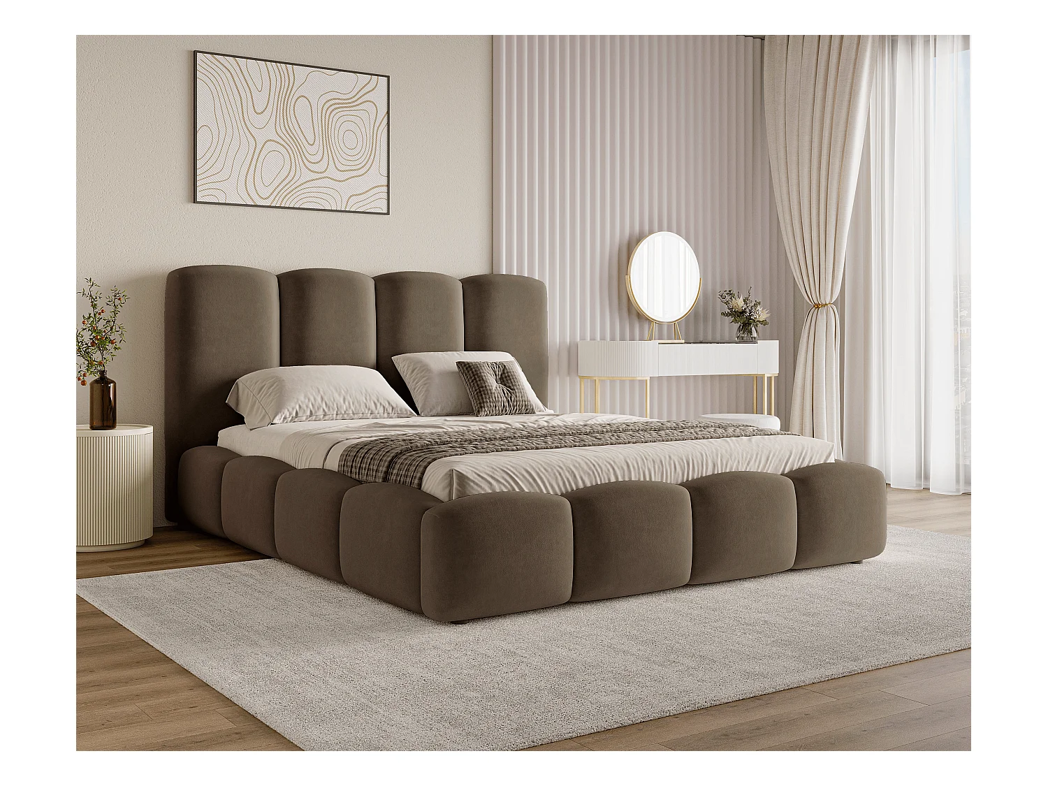 BESILIO Wolkenbed met opbergruimte en lattenbodem 200x200 Puffy – gestoffeerd fluwelen bed – Bruin