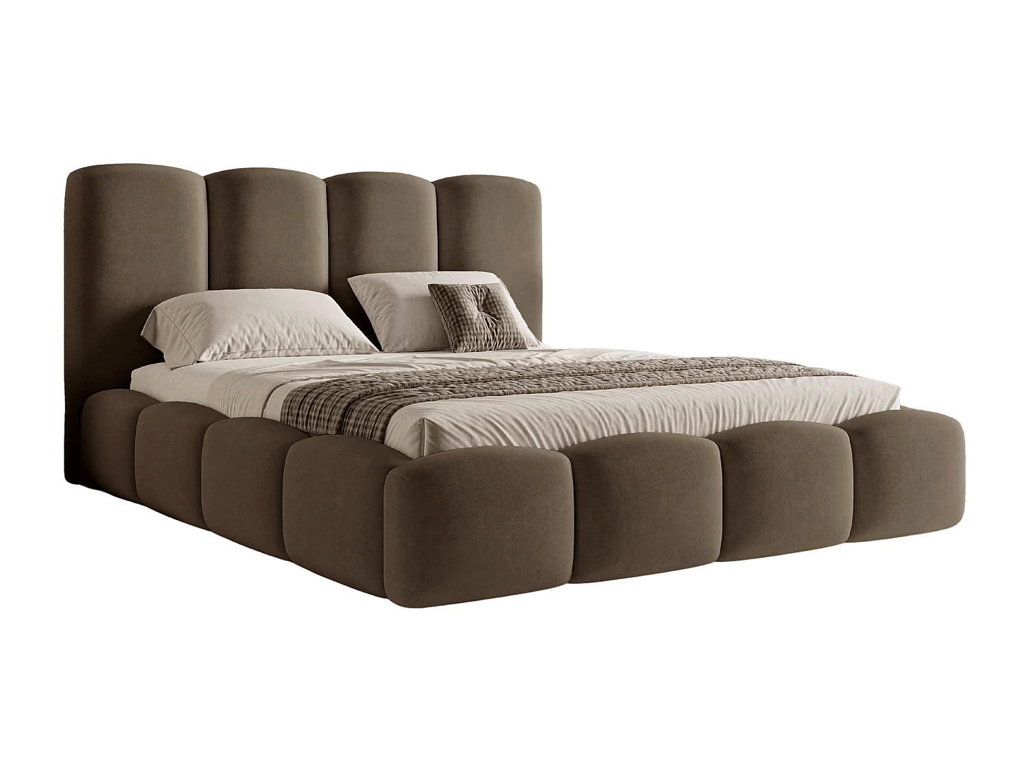 BESILIO Lit nuage avec coffre de rangement et sommier 200x200 Puffy – lit tapissé en velours – Marron