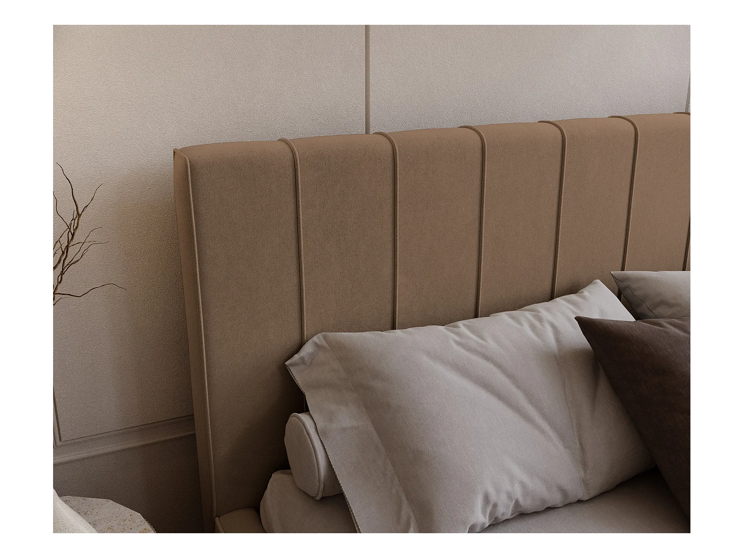 BESILIO Stylowe łóżko tapicerowane 180x200 Persea - stelaż metalowy, pojemnik na pościel, ozdobna lamówka - Brązowy