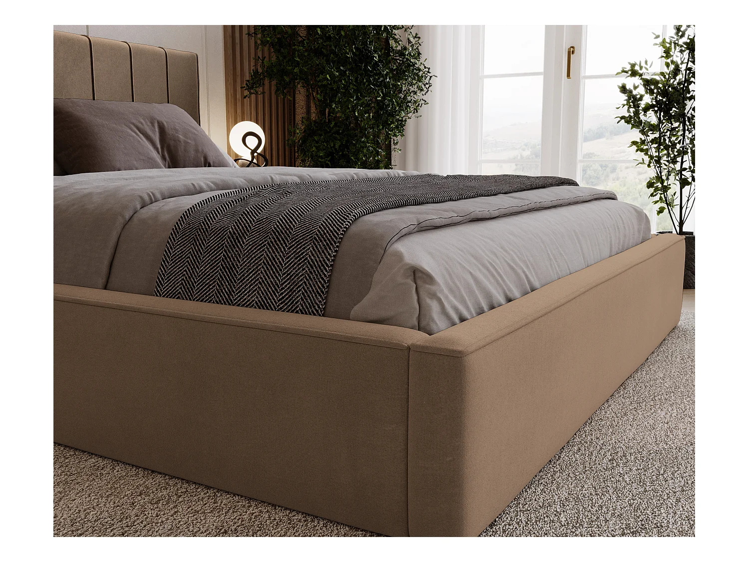 BESILIO Stylowe łóżko tapicerowane 180x200 Persea - stelaż metalowy, pojemnik na pościel, ozdobna lamówka - Brązowy