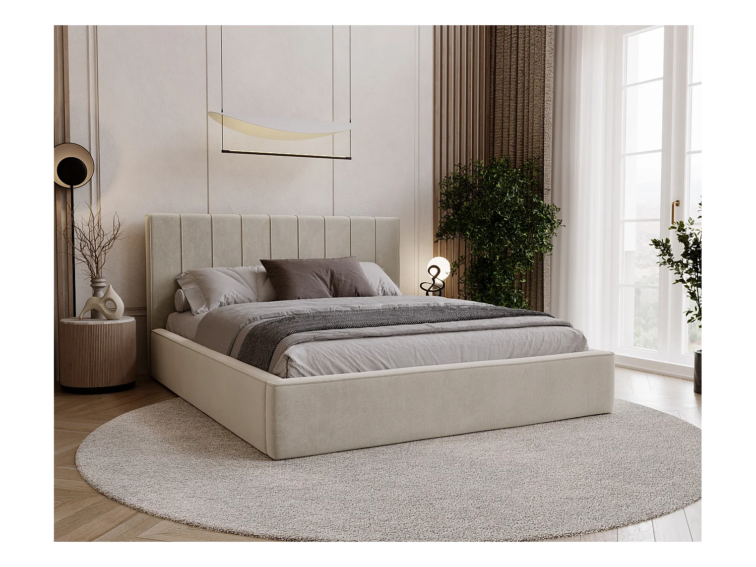 BESILIO Stylowe łóżko tapicerowane 160x200 Persea - stelaż metalowy, pojemnik na pościel, ozdobna lamówka - Beżowy