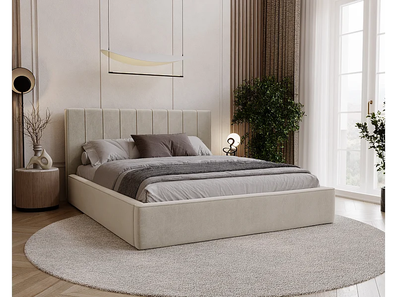 BESILIO Stilvolles Polsterbett 160x200 Persea – Metallrahmen, Bettkasten, dekorative Paspel – Beige