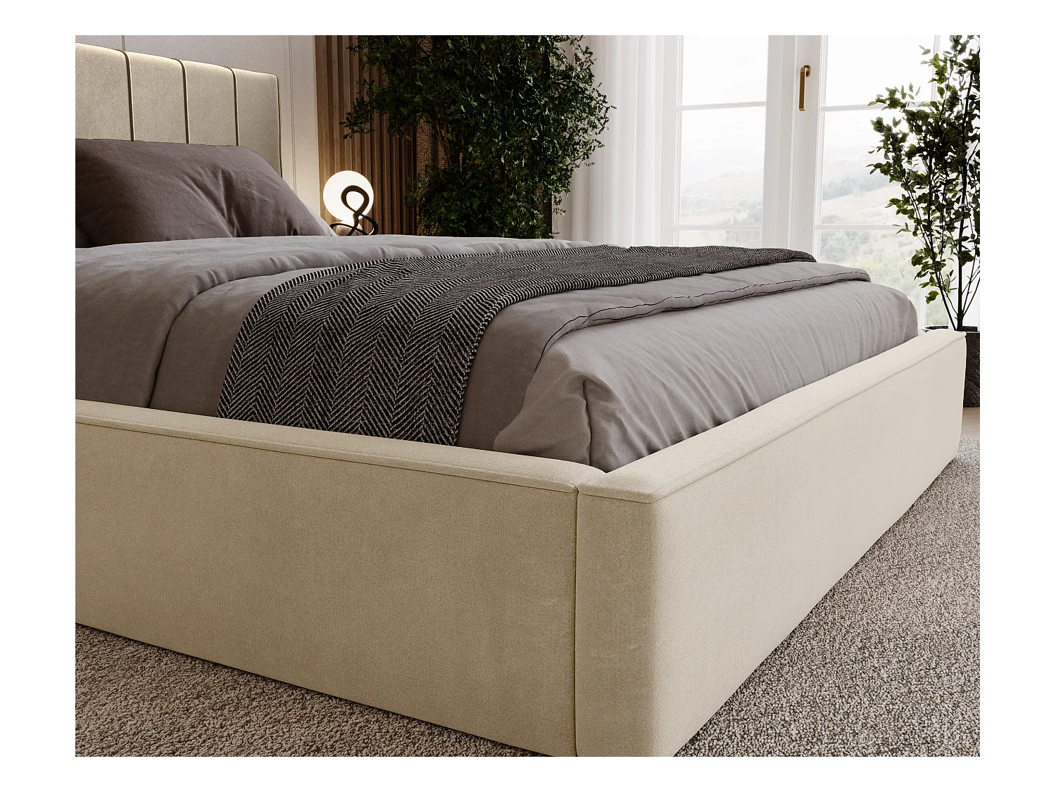 BESILIO Stylowe łóżko tapicerowane 180x200 Persea - stelaż metalowy, pojemnik na pościel, ozdobna lamówka - Kremowy