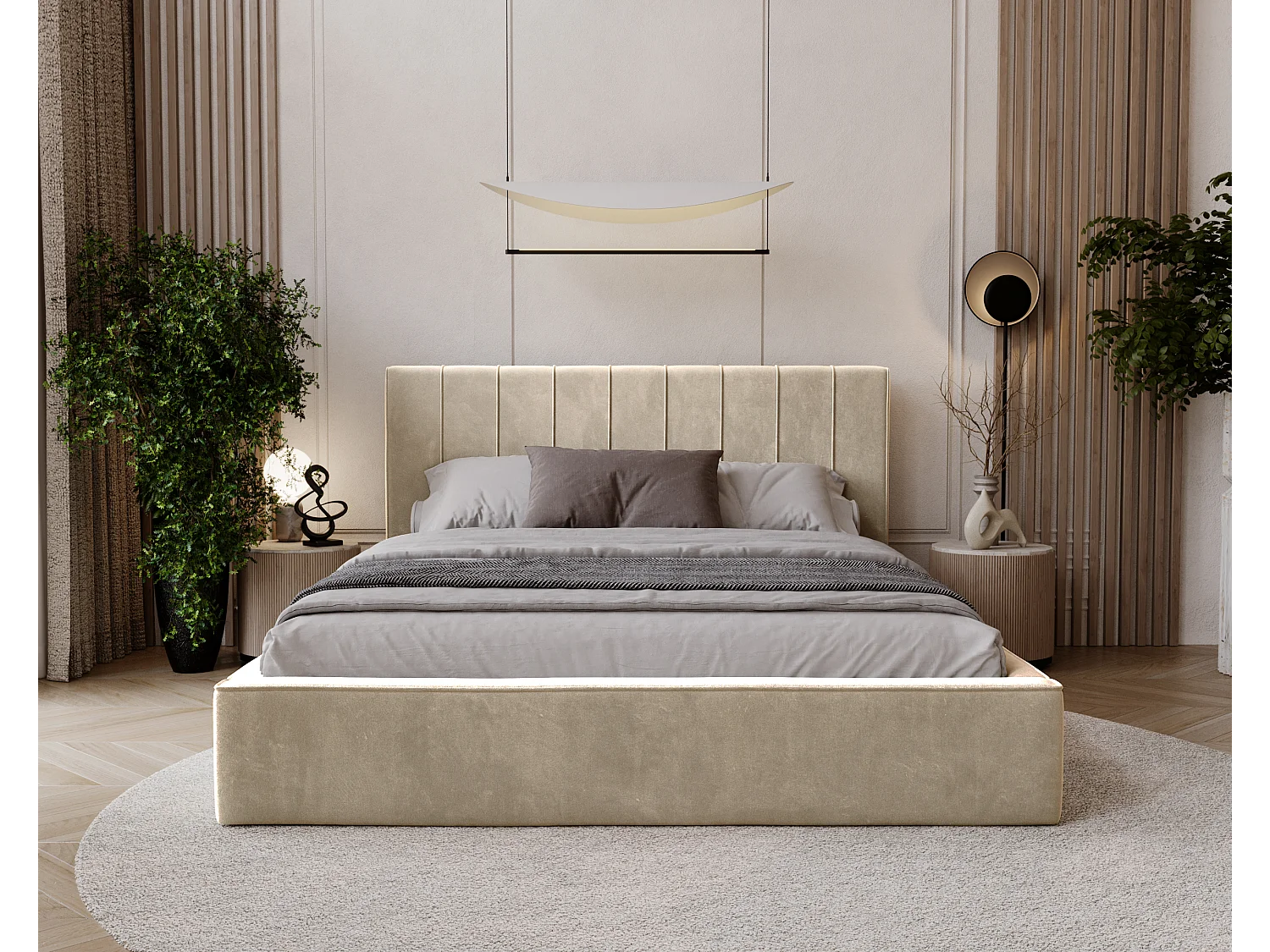 BESILIO Lit tapissé élégant 180x200 Persea – cadre en métal, coffre de rangement pour le linge de lit, passepoil décoratif – Crème