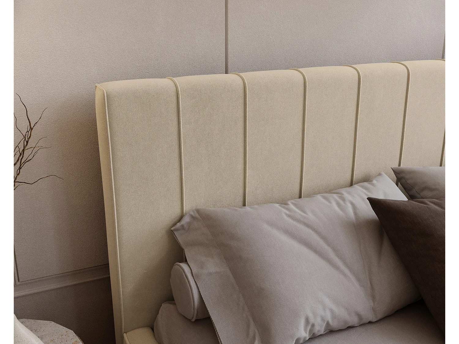 BESILIO Lit tapissé élégant 180x200 Persea – cadre en métal, coffre de rangement pour le linge de lit, passepoil décoratif – Crème