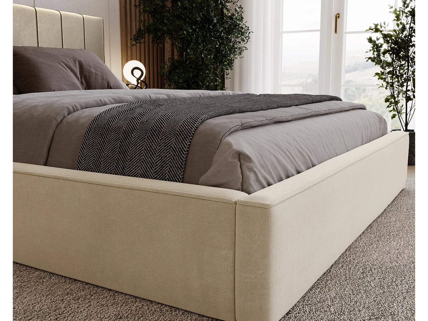 BESILIO Lit tapissé élégant 180x200 Persea – cadre en métal, coffre de rangement pour le linge de lit, passepoil décoratif – Crème