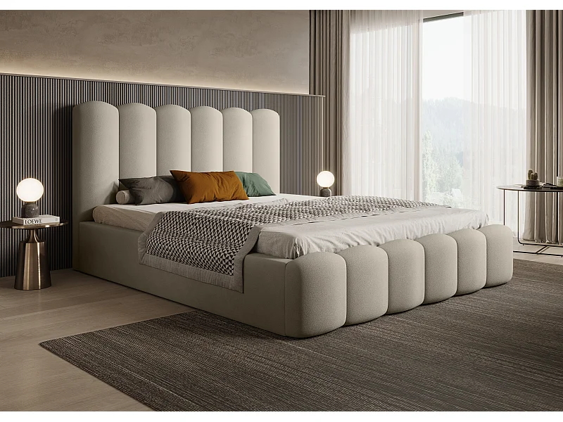 BESILIO Lit tapissé avec coffre de rangement et sommier 160x200 Tessa – lit en velours pour la chambre – Beige