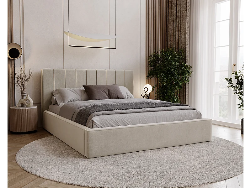 BESILIO Lit tapissé élégant 120x200 Persea – cadre en métal, coffre de rangement pour le linge de lit, passepoil décoratif – Beige