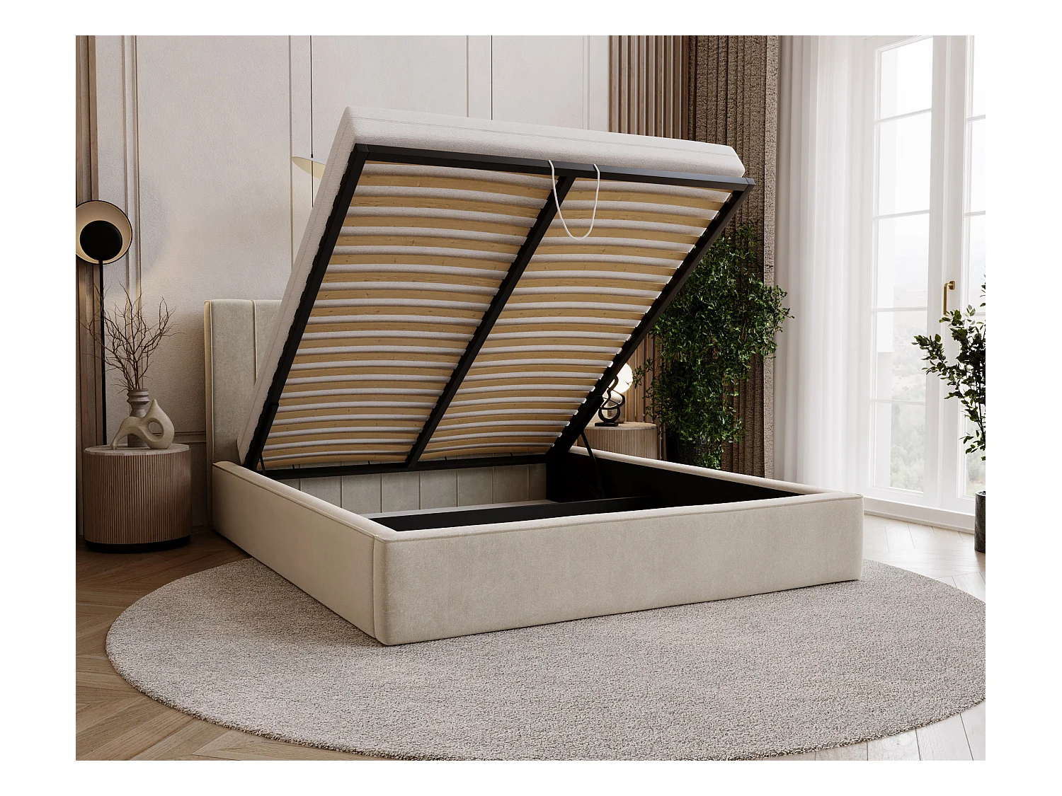 BESILIO Stylowe łóżko tapicerowane 120x200 Persea - stelaż metalowy, pojemnik na pościel, ozdobna lamówka - Beżowy