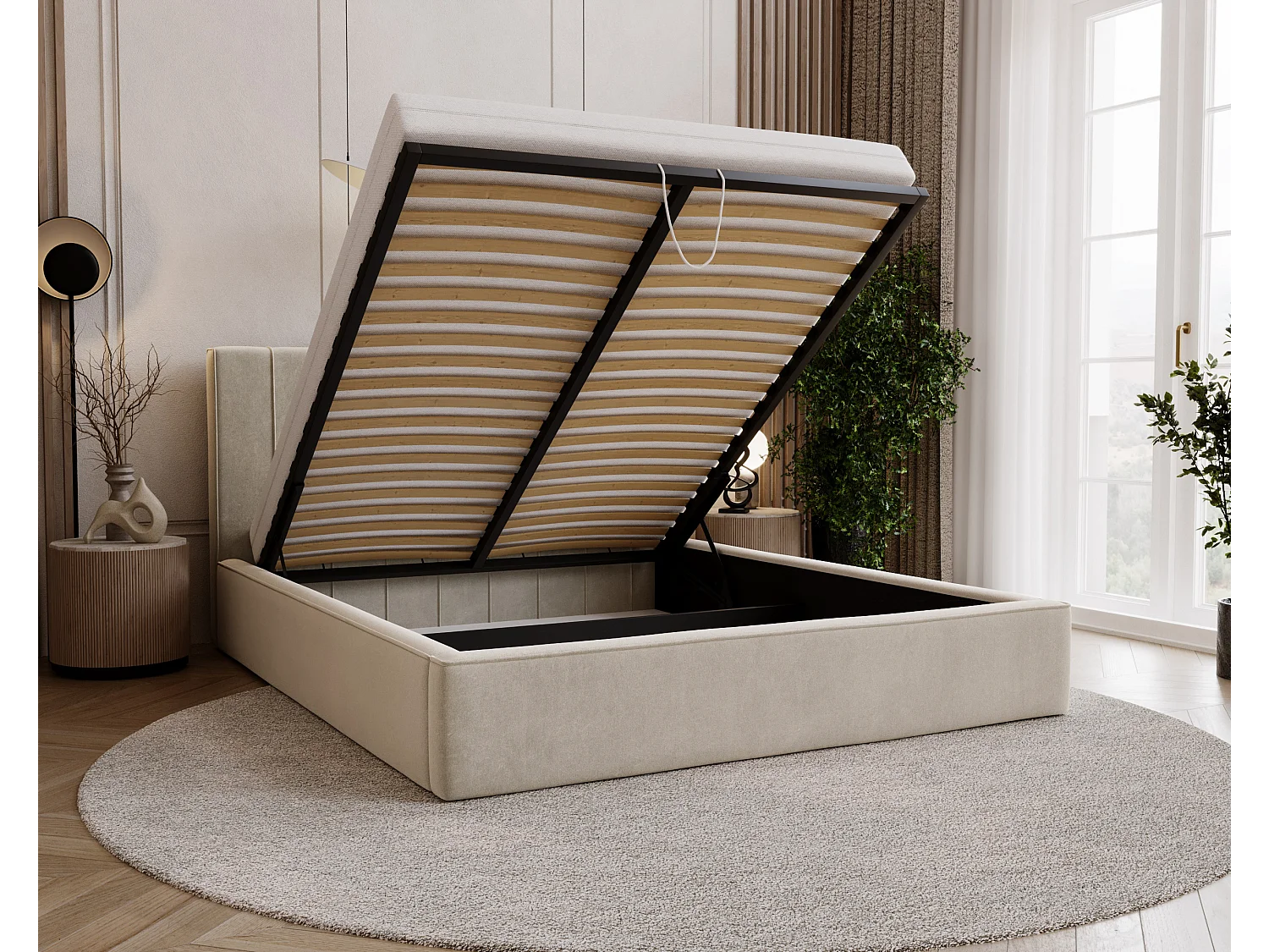 BESILIO Stylowe łóżko tapicerowane 120x200 Persea - stelaż metalowy, pojemnik na pościel, ozdobna lamówka - Beżowy