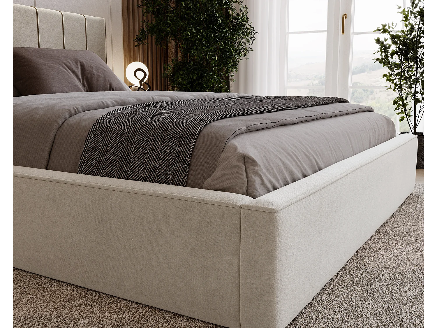 BESILIO Stylowe łóżko tapicerowane 120x200 Persea - stelaż metalowy, pojemnik na pościel, ozdobna lamówka - Beżowy