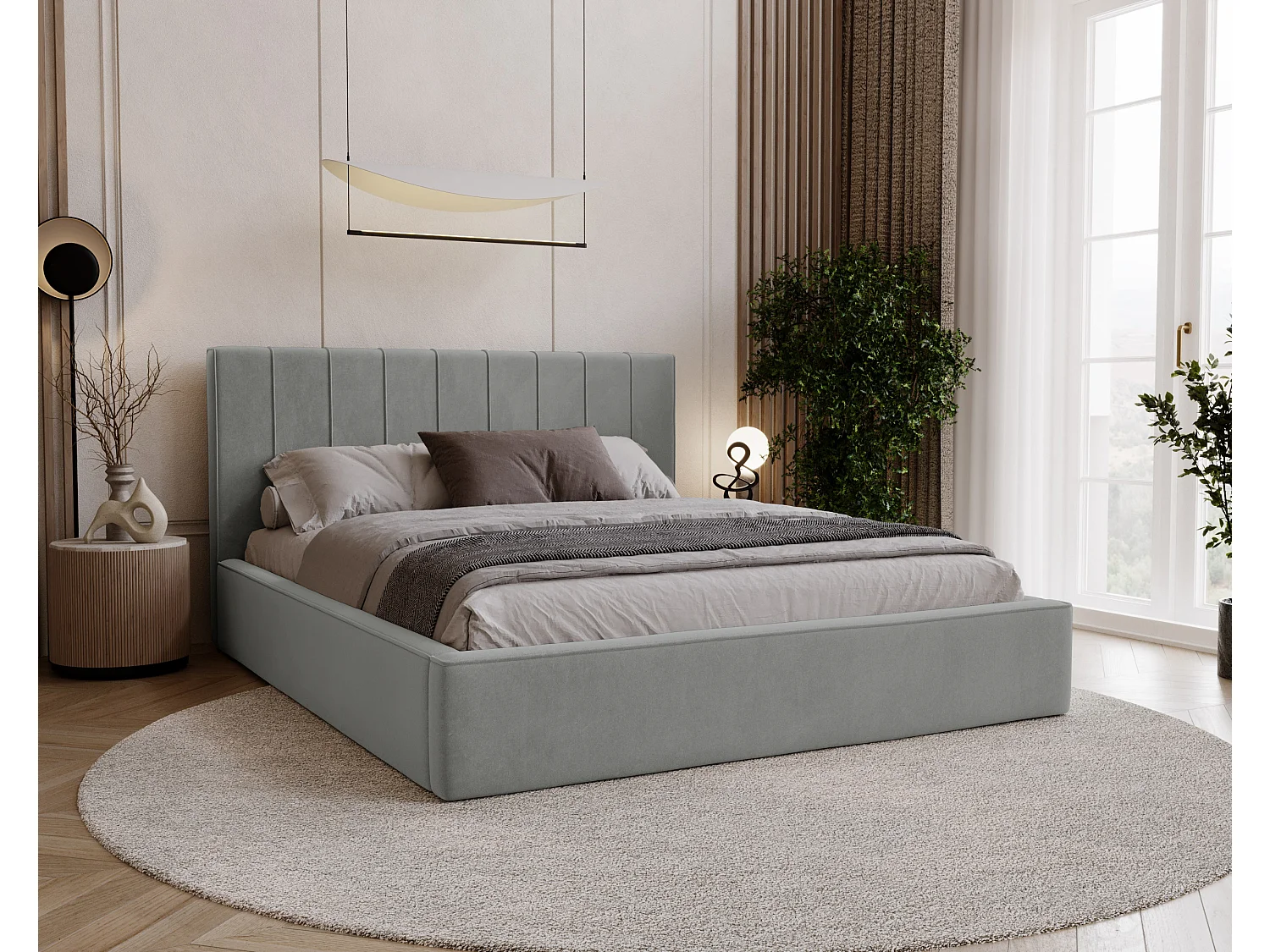 BESILIO Lit tapissé élégant 180x200 Persea – cadre en métal, coffre de rangement pour le linge de lit, passepoil décoratif – Gris