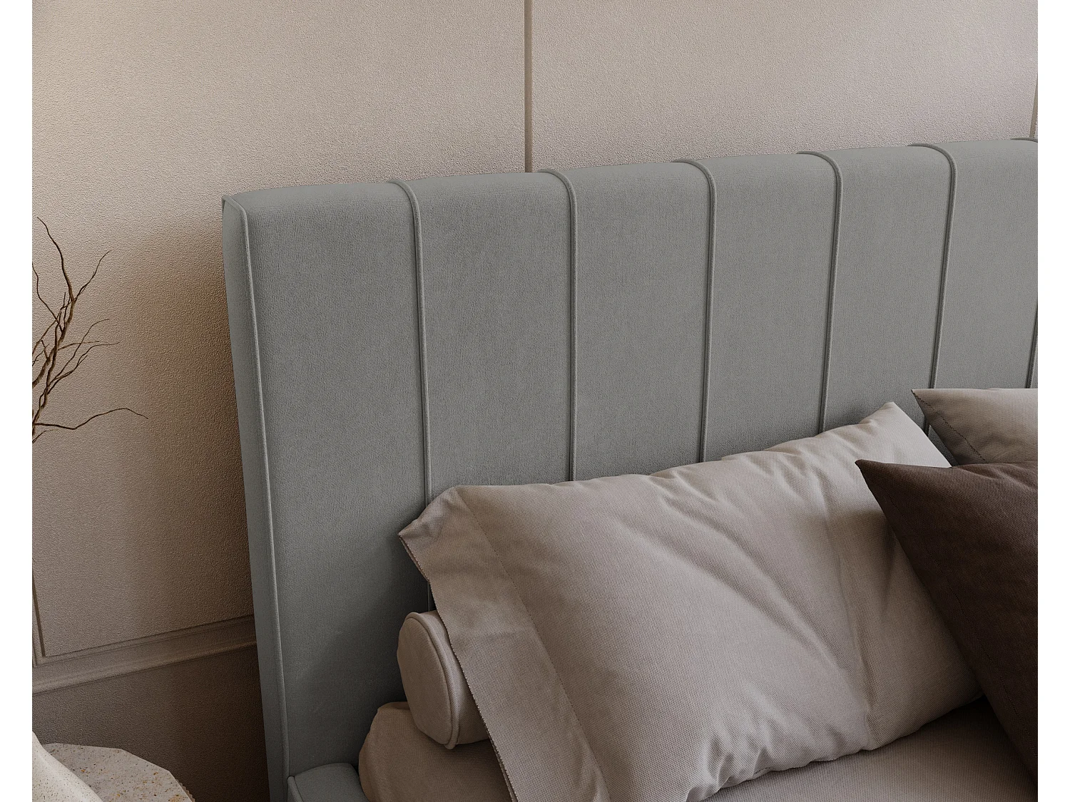 BESILIO Lit tapissé élégant 180x200 Persea – cadre en métal, coffre de rangement pour le linge de lit, passepoil décoratif – Gris