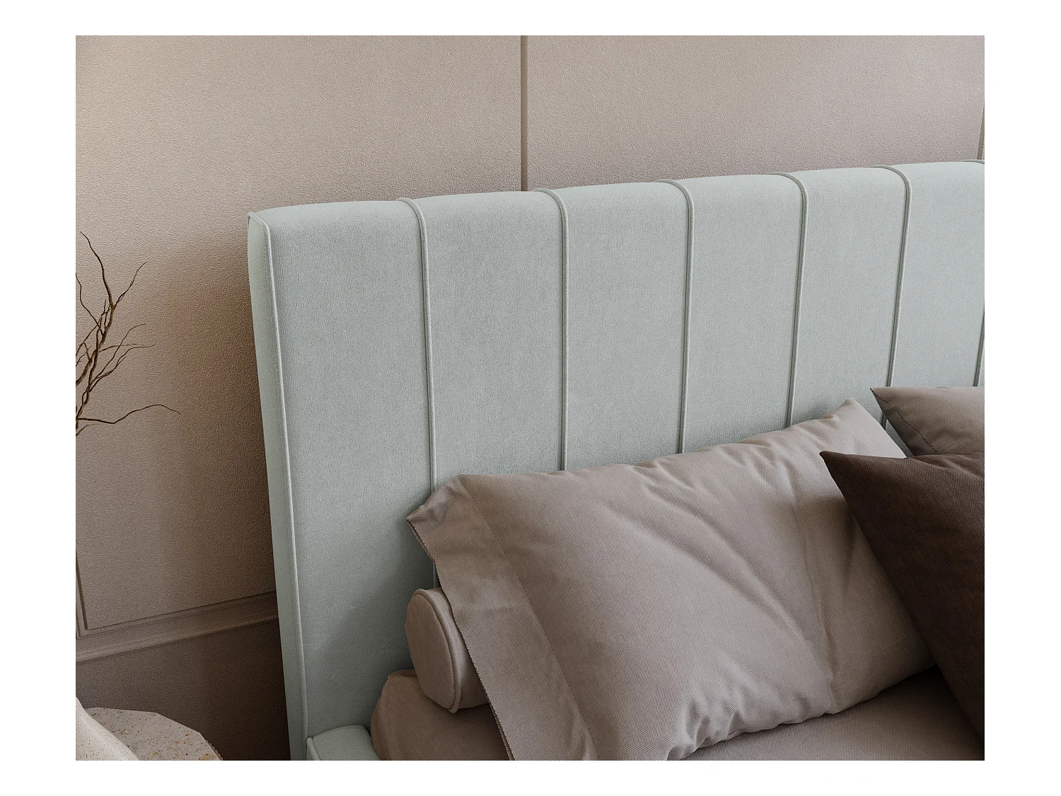 BESILIO Stylowe łóżko tapicerowane 120x200 Persea - stelaż metalowy, pojemnik na pościel, ozdobna lamówka - Jasnoszary