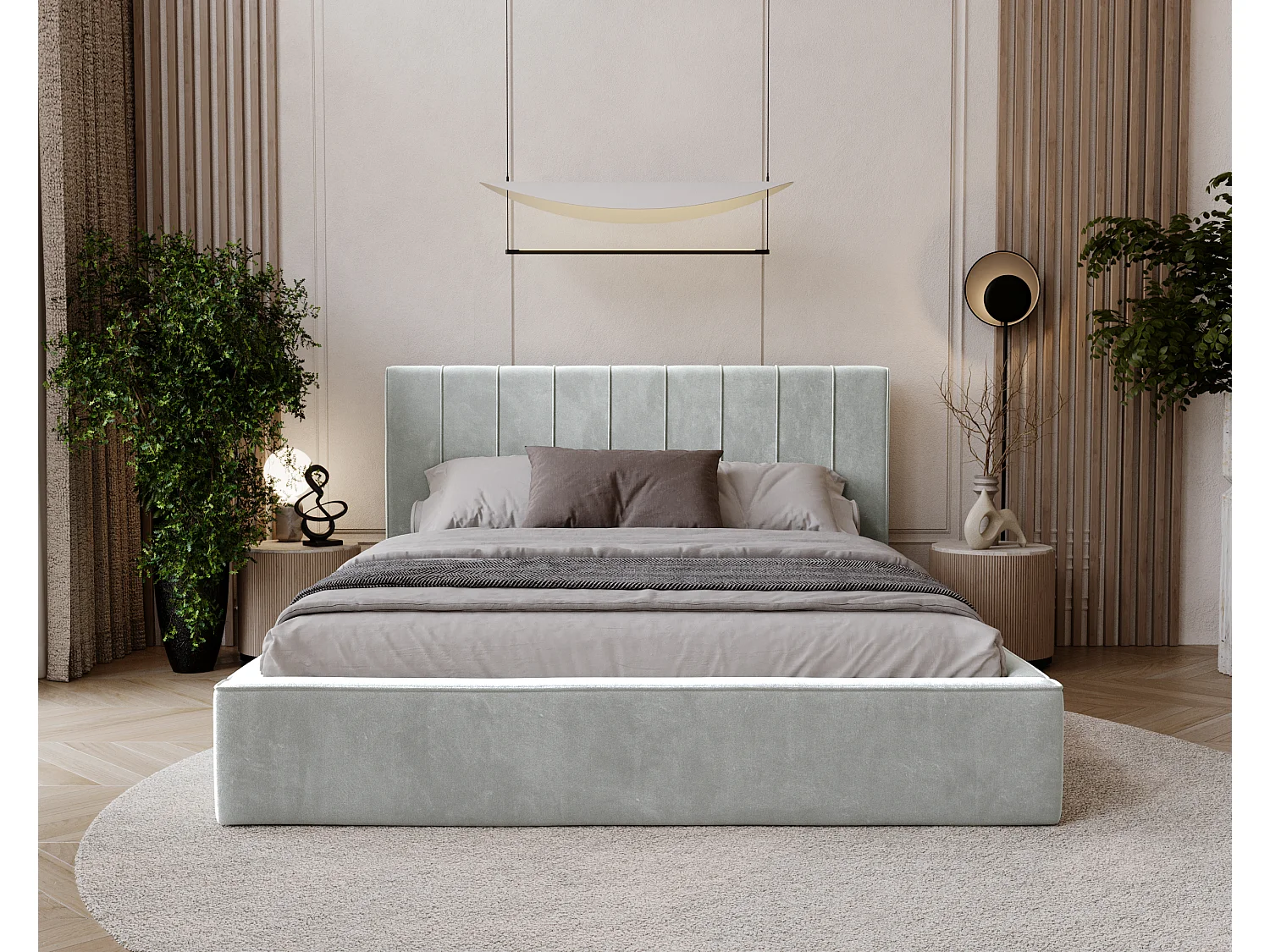 BESILIO Lit tapissé élégant 120x200 Persea – cadre en métal, coffre de rangement pour le linge de lit, passepoil décoratif – Gris clair