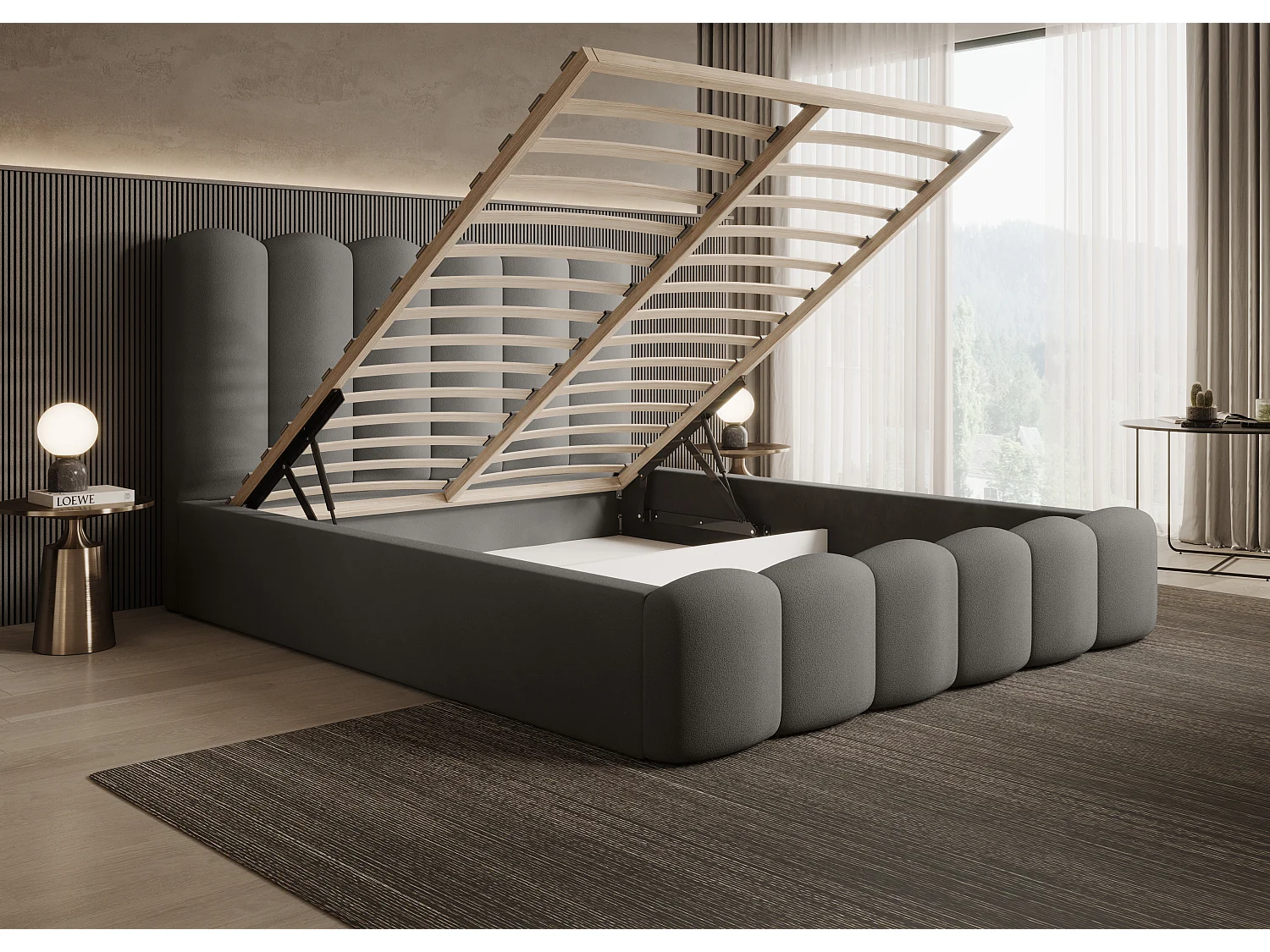 BESILIO Lit tapissé avec coffre de rangement et sommier 140x200 Tessa – lit en velours pour la chambre – Gris