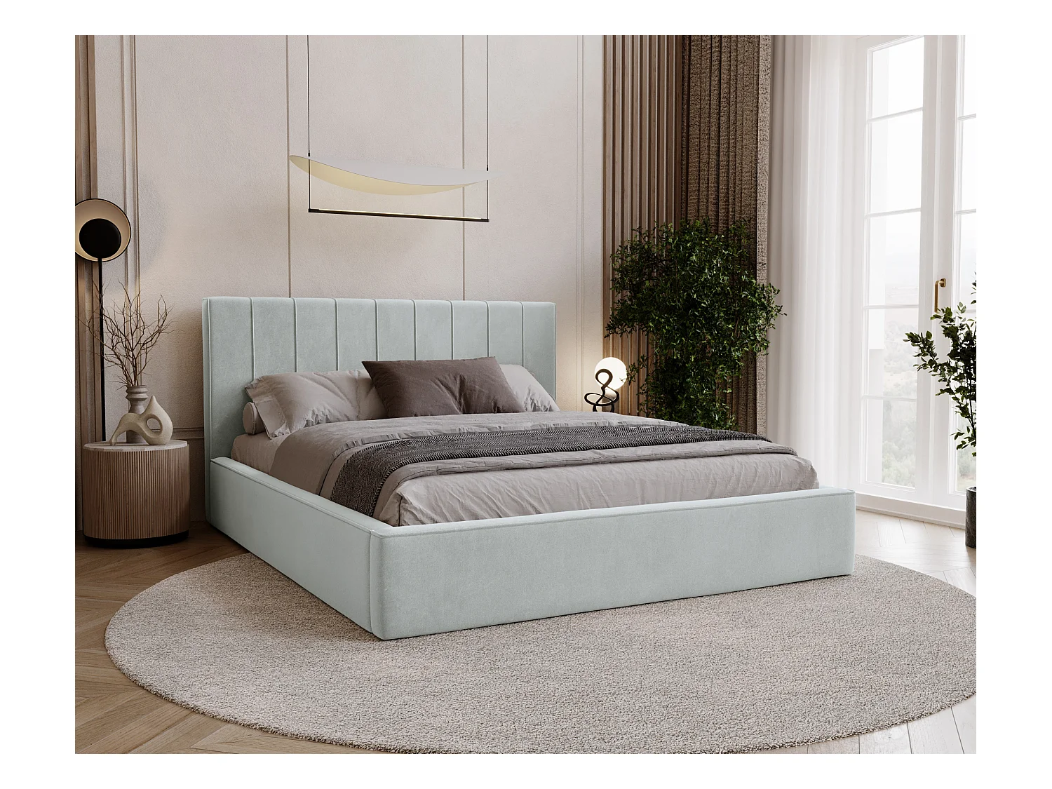 BESILIO Stylowe łóżko tapicerowane 200x200 Persea - stelaż metalowy, pojemnik na pościel, ozdobna lamówka - Jasnoszary