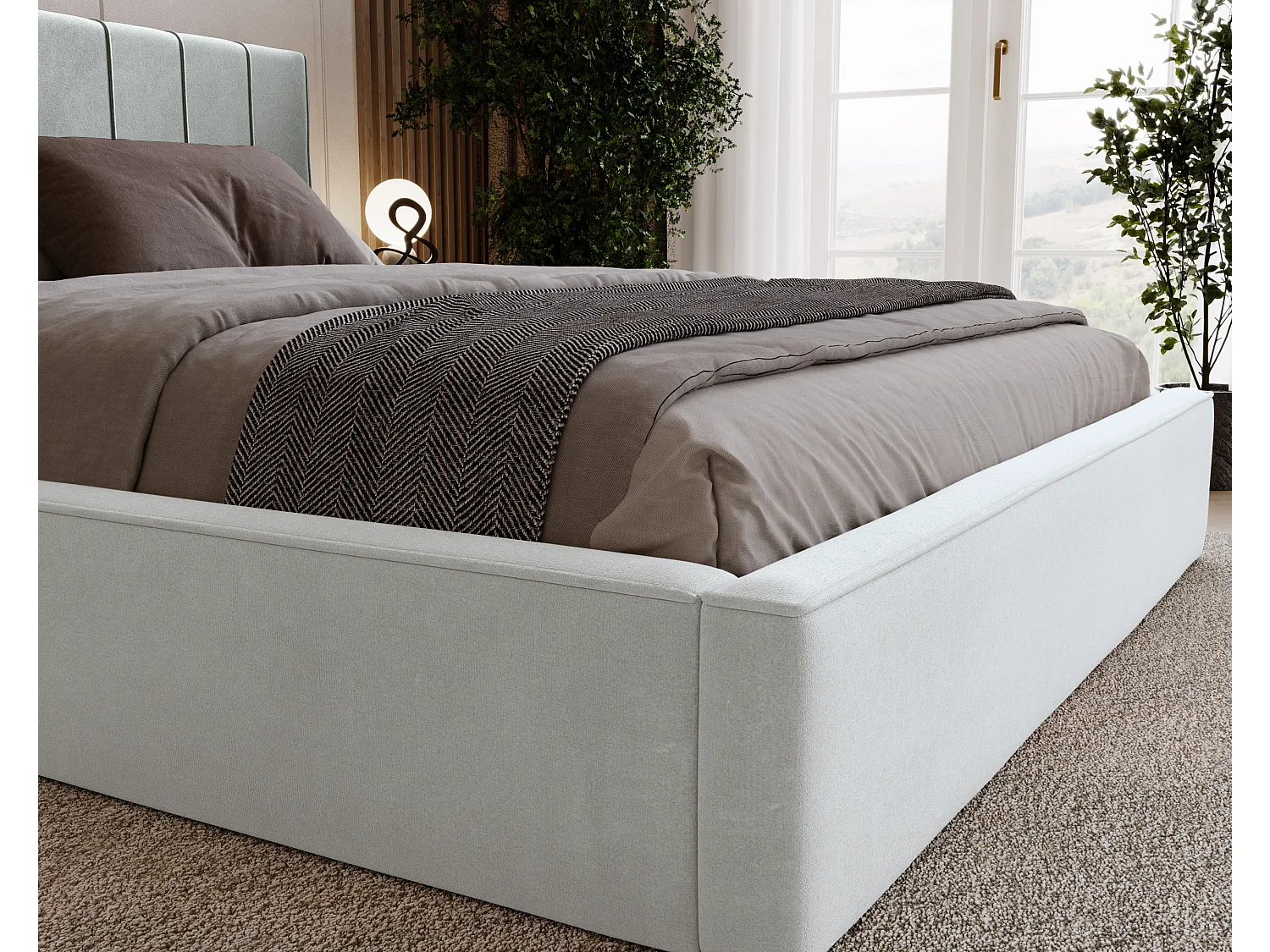 BESILIO Lit tapissé élégant 200x200 Persea – cadre en métal, coffre de rangement pour le linge de lit, passepoil décoratif – Gris clair