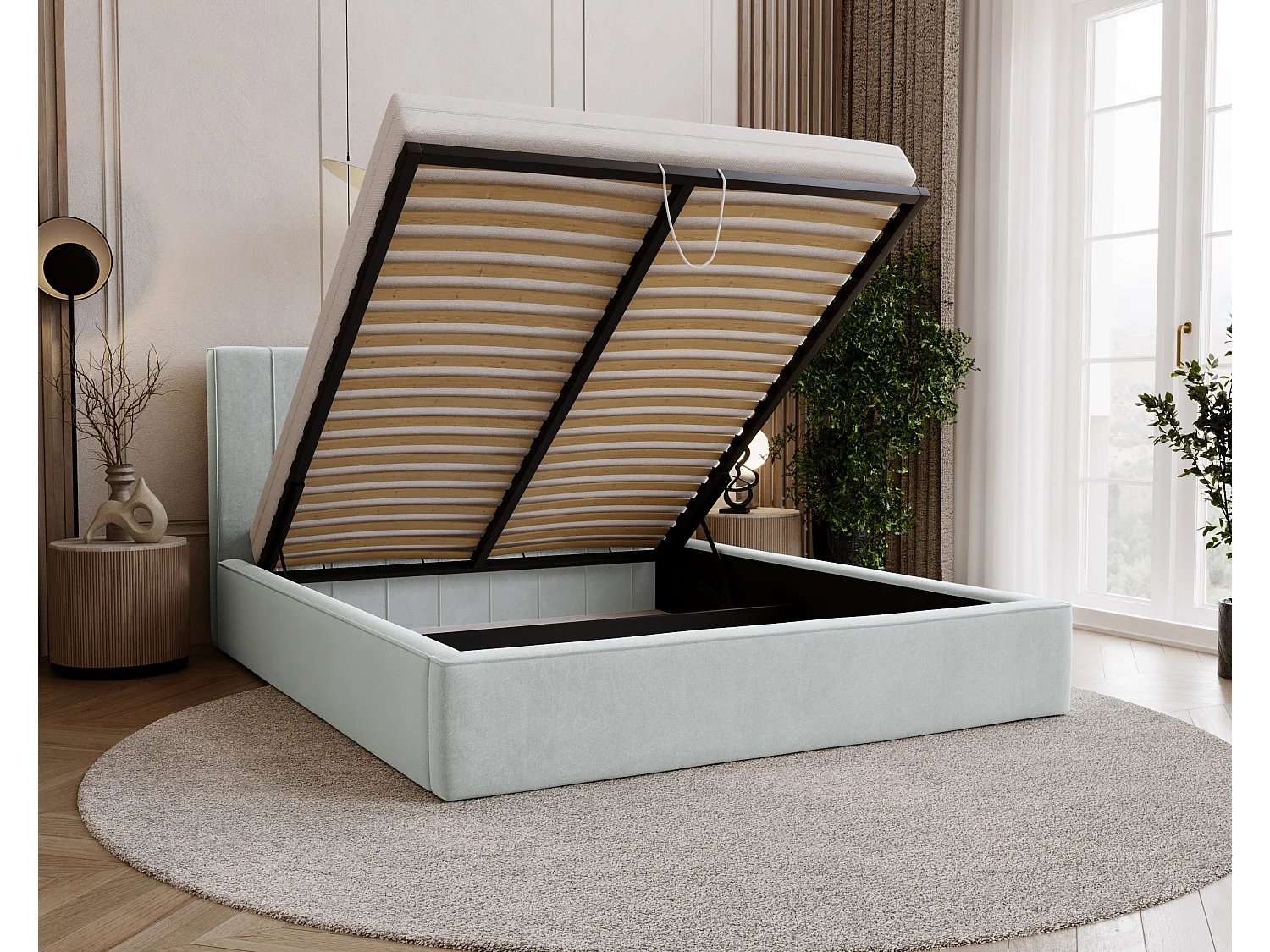 BESILIO Lit tapissé élégant 200x200 Persea – cadre en métal, coffre de rangement pour le linge de lit, passepoil décoratif – Gris clair