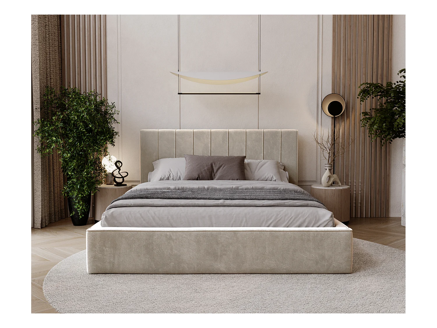 BESILIO Stylowe łóżko tapicerowane 180x200 Persea - stelaż metalowy, pojemnik na pościel, ozdobna lamówka - Beżowy
